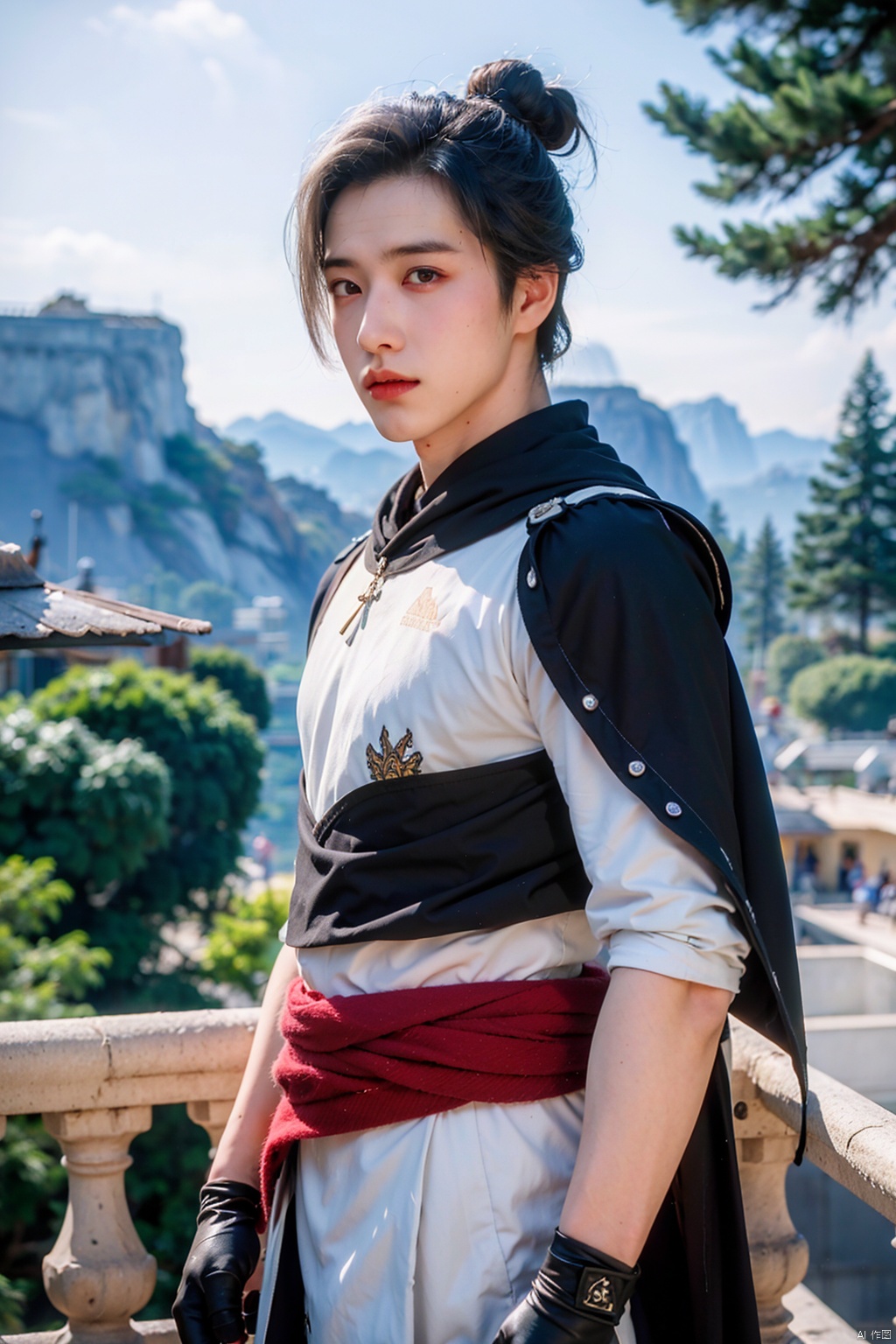 solo,looking at viewer,gloves,1boy,white hair,male focus,outdoors,sky,day,cloud,hair bun,cape,tree,grey eyes,
single hair bun,letterboxed,mountain,black cape,