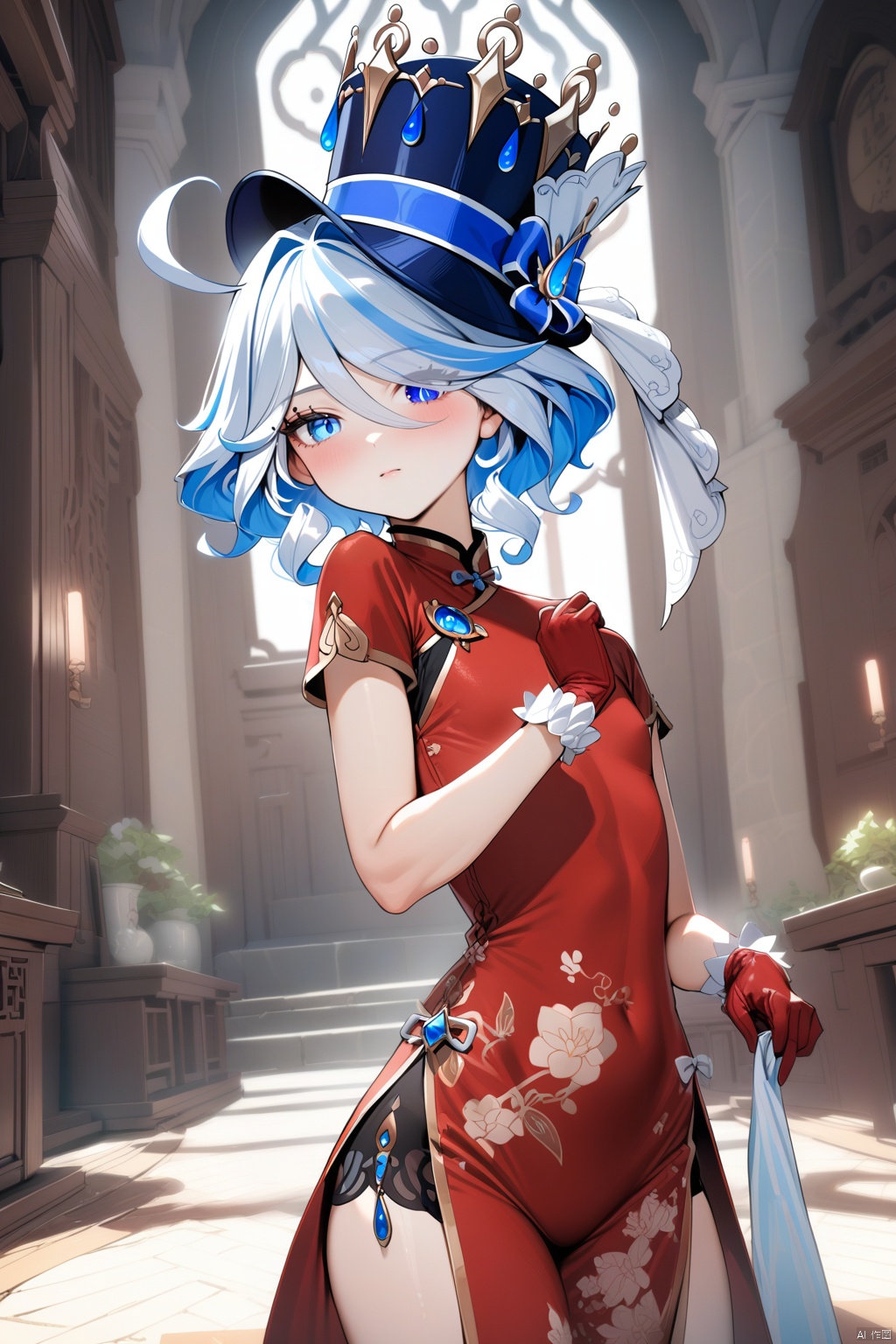 1girl,  furina \(genshin impact\),  genshin impact, solo, hat, red gloves, red dress, china dress,  hair ornament,  chinese clothe, 13 years old, short hair, church, ultra-detailed,  best quality,  (masterpiece)
