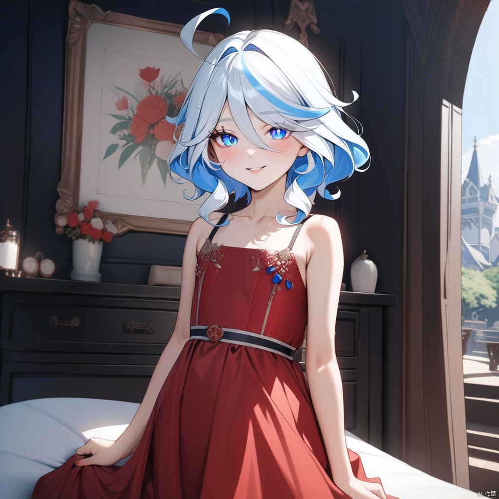 1girl, furina \(genshin impact\), genshin impact,12 years old, smile,flower, Chanel dress, china red dress, looking at viewer, floral background, sleeveless, parted lips, sleeveless dress,cowboy shot,ultra-detailed, best quality, (masterpiece)