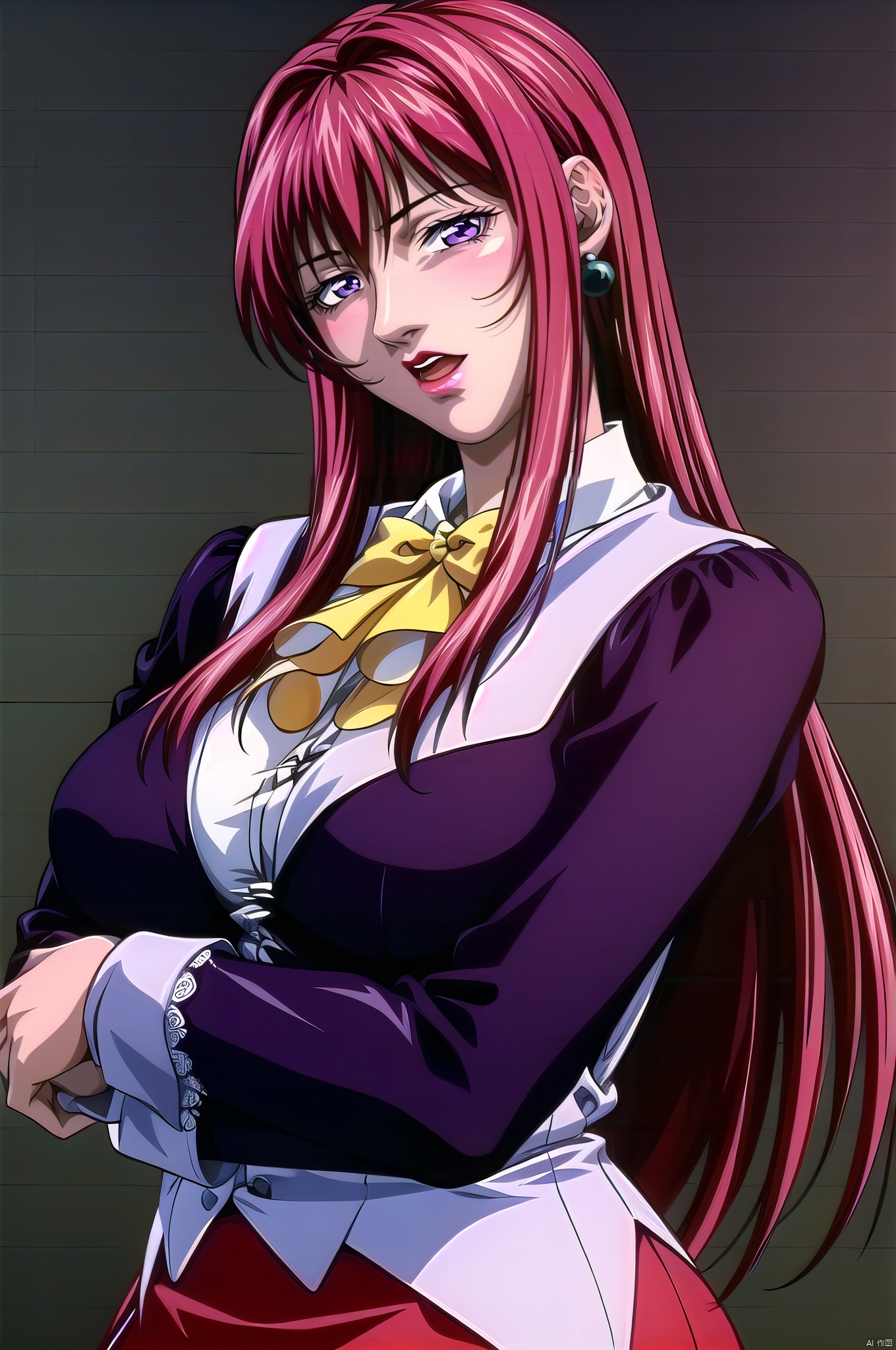Hiroko, 1girl, solo, earrings, jewelry, long hair, lipstick, red hair, crossed arms, makeup, breasts, large breasts, black background, formal, skirt, bow, blue eyes, open mouth, simple background, suit, purple eyes, looking at viewer,nice hands, Hiroko