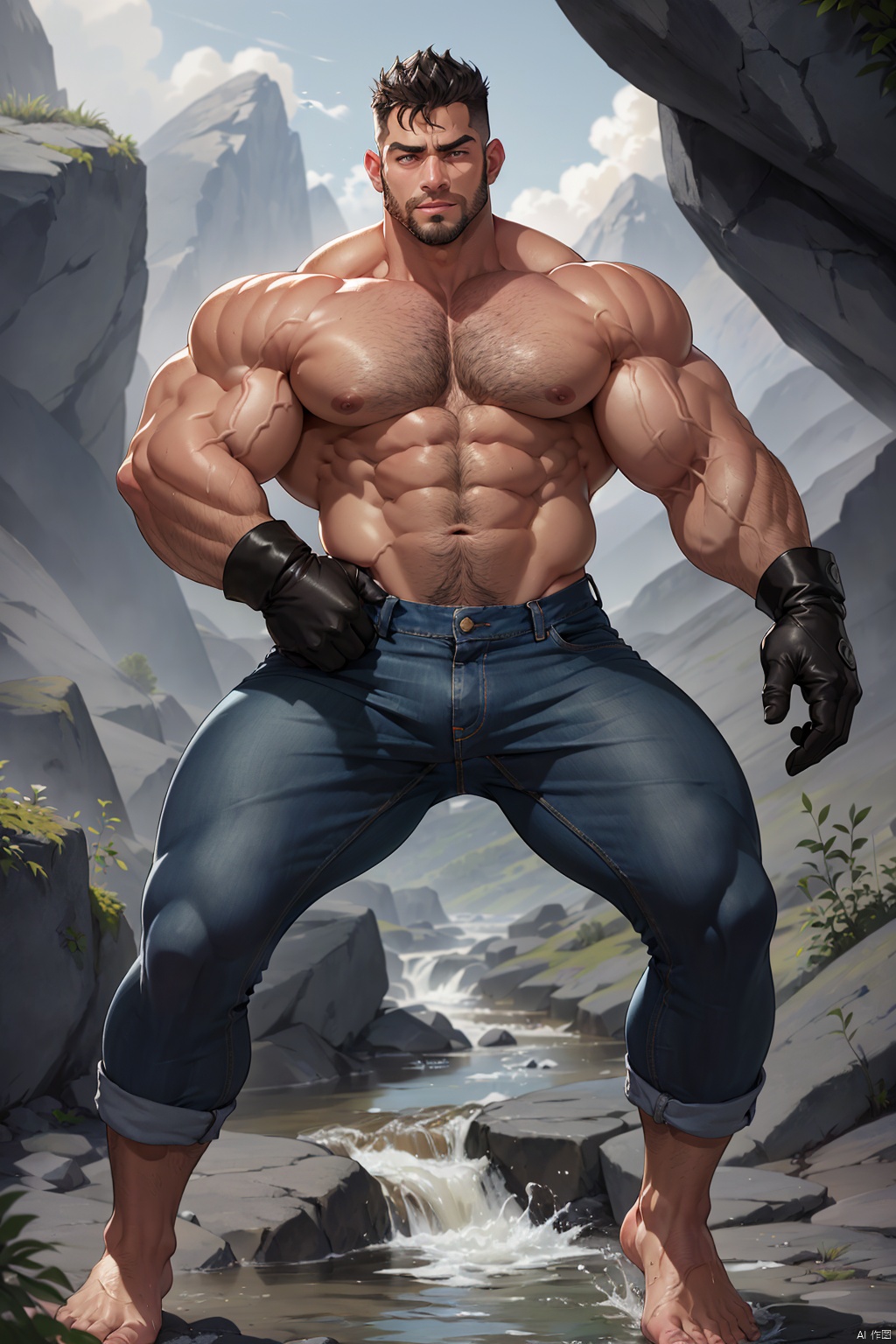 (best quality, beautiful detailed face, masterpiece, super high resolution, realism, illustrations, volumetric lighting,)
(single, solo, a bodybuilding male, beard, Muscular, He was very strong, He has a majestic body, Strong triceps, Huge bulging pectoral muscles, Thick pectoral muscles, Thick legs, Strong legs, full body,)
(gloves, black_gloves, jeans, barefooted):1.8,
(He is standing, facing the camera and looking at the camera triumphantly, spreading his legs):1.7,
(Mountain stream background):1.8,