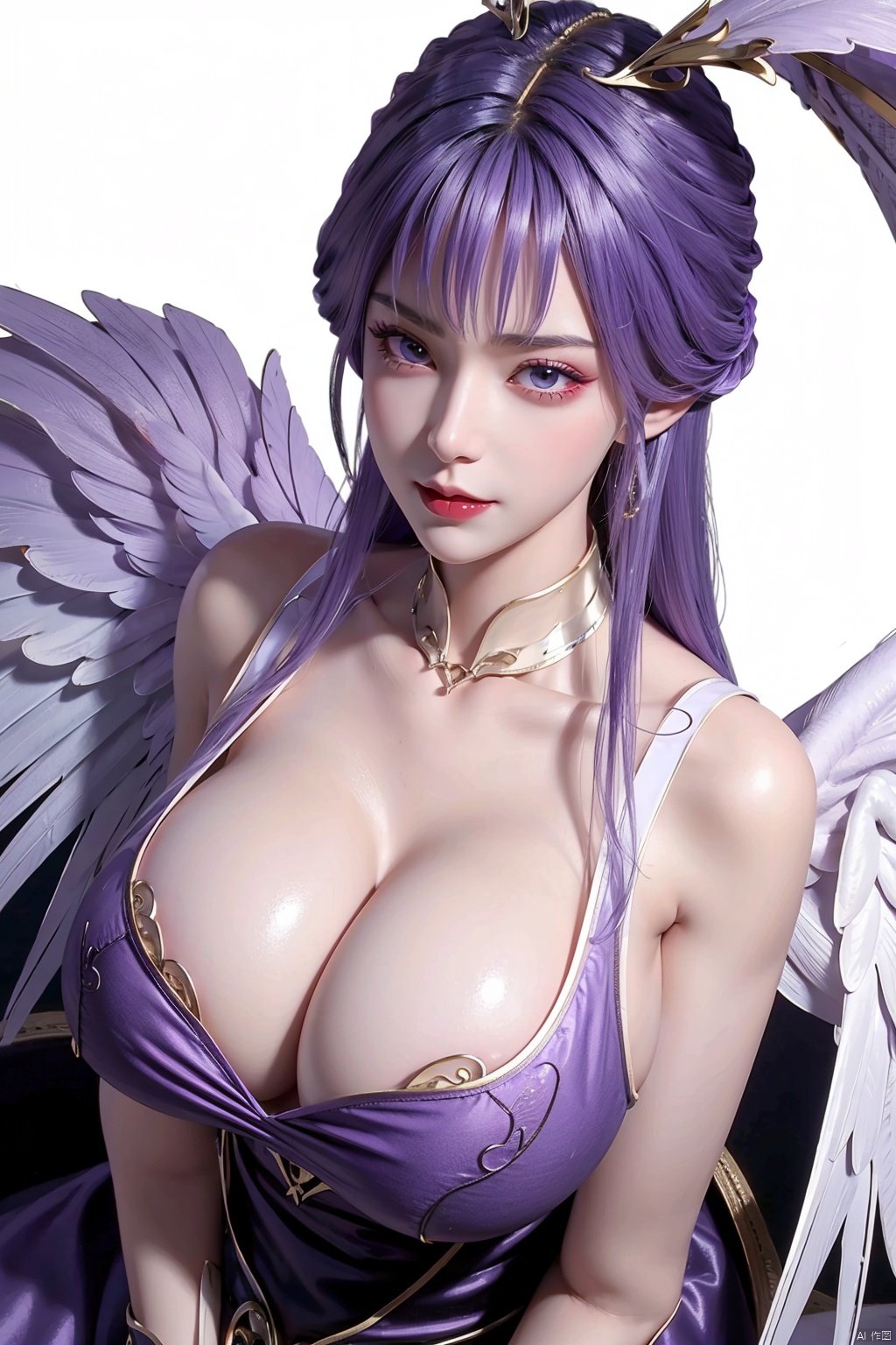  1 girl, solo, Red Moon, vampire, (angel wings:1.4), Super Detail, delicate skin, perfect face, charming smile, orgasm, panoramic view, wide Angle, from above,White skin, milky skin, soft skin, blue eyes, (clean, pure face), hyper-realistic 8K CG, unparalleled masterpiece, master work, (huge breast:1.5), nsfw, (full body:1.2),(purple hair:1.3)