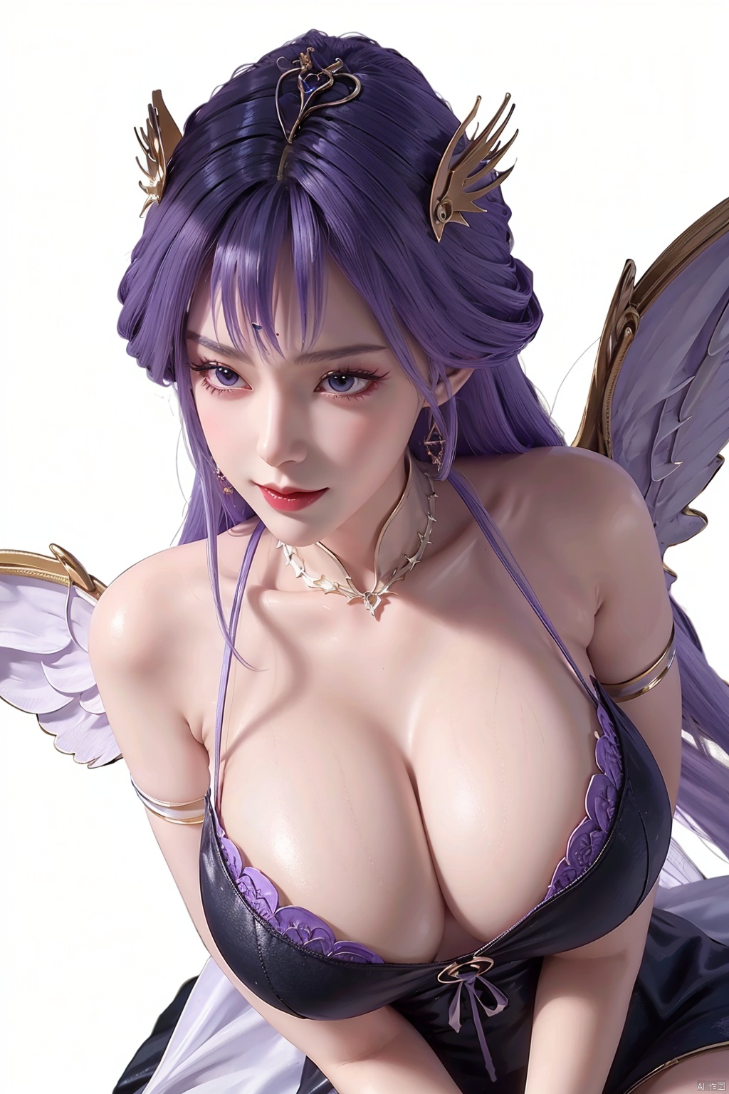  1 girl, solo, Red Moon, vampire, (angel wings:1.4), Super Detail, delicate skin, perfect face, charming smile, orgasm, panoramic view, wide Angle, from above,White skin, milky skin, soft skin, blue eyes, (clean, pure face), hyper-realistic 8K CG, unparalleled masterpiece, master work, (huge breast:1.5), nsfw, (full body:1.2),(purple hair:1.3)