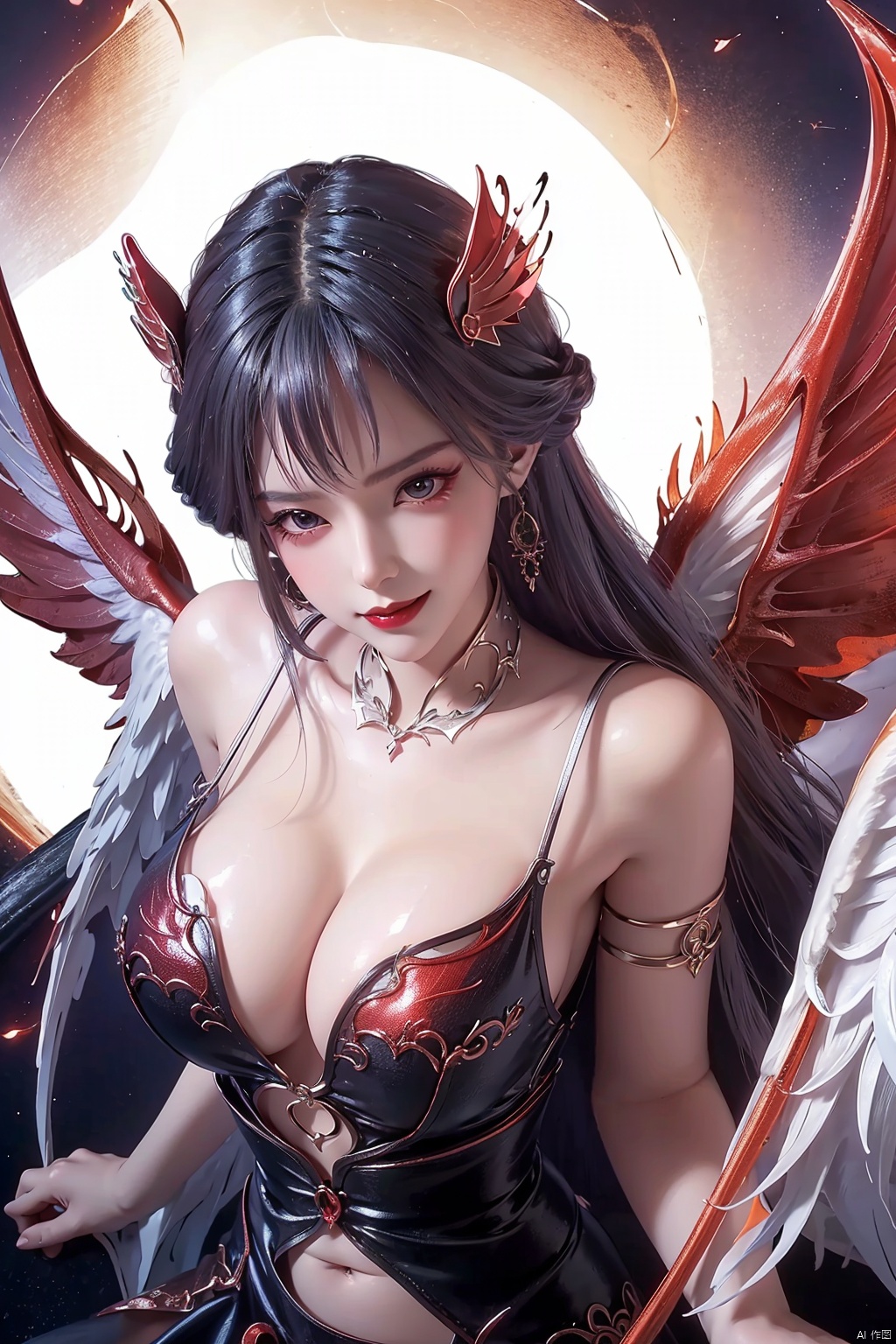  1 girl, solo, Red Moon, vampire, (angel wings:1.4), Super Detail, delicate skin, perfect face, charming smile, orgasm, panoramic view, wide Angle, from above