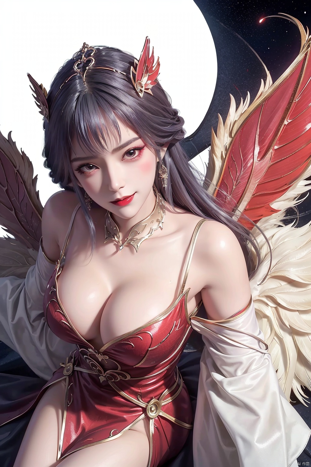  1 girl, solo, Red Moon, vampire, (angel wings:1.4), Super Detail, delicate skin, perfect face, charming smile, orgasm, panoramic view, wide Angle, from above