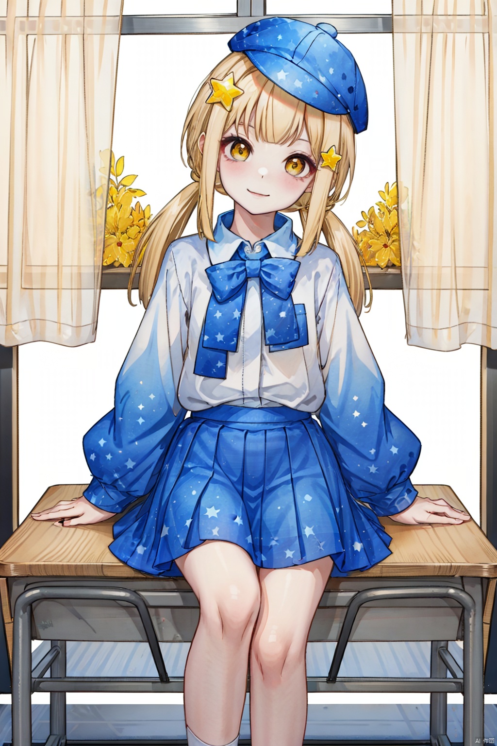  1girl, solo, ,hat, blonde hair, hair ornament, yellow eyes,twintails, star hair ornament,blue scarf,long hair,looking_at_viewer, blush, smile, bangs, skirt, blonde_hair, long_sleeves, bow, sitting, closed_mouth, school_uniform, white_shirt, pleated_skirt, collared_shirt, indoors, bowtie, red_bow, head_tilt, plaid, window, dress_shirt, feet_out_of_frame, plaid_skirt, sunlight, curtains, red_bowtie, desk, backlighting, hand_in_own_hair, brown_skirt, shirt_tucked_in, school_desk, on_desk, sitting_on_desk, colors