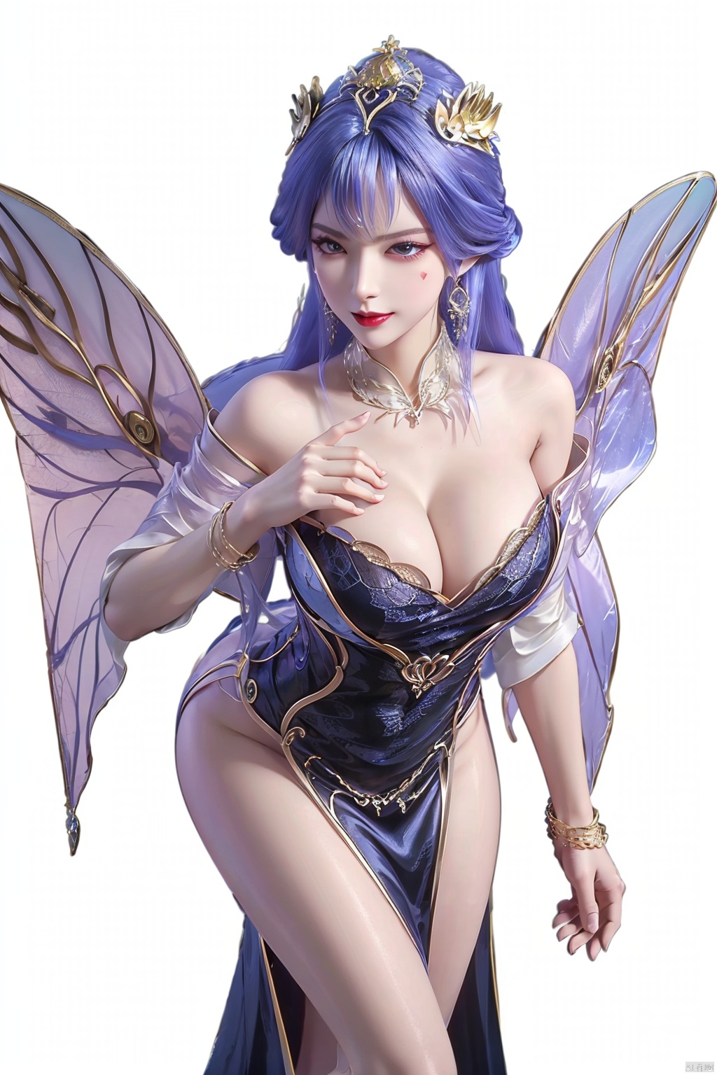  Unparalleled masterpiece, Sit tall, Wonderland,a girl, (sky blue hair), (crystal, 1.4), (shoulders, crystal wings), (forehead, flame tattoo, 1.4), nude, (round collar, jewelry, sapphire, light), high quality, Masterpiece, ((round hips, legs), graceful curves), (((huge breasts, ))) (puffy nipples), Cleavage, sexy heels, surreal 8k CG, ((shy)), perfect artwork, perfect female figure, (mature female), milk, small waist, Chinese mythology, ((seductive pose, sexy pose)), clean, beautiful face, pure face, pale skin, long hair, ((huge breasts)), nsfw, prominent breasts, full nipples, delicate skin, delicate patterns, intricate details, (rich:1.4), Jewelry, precious stones, gold, silver, diamonds, glitter, sapphire, (seductive smile)), blue eyes, red lipstick, Curves, Round big hips, ruby, emerald, pearl, amber, obsidian, (Masterpiece:1.4), (Best quality :1.4), Shiny skin, lexaiduer, bracelet, (sexy lace), breasts, cleavage, sleeveless, solo, Moon, fishnet, jewelry, solo, (Forehead mark:1.4), Face Mark, Earrings, Hair bag, Necklace, Hair accessory, ((separate the five fingers)), ((fingers graceful curve)), (( right hand graceful curve)), (legs graceful curve, long legs), ((straighten the fingers)), ((palms graceful curve)),(((fluffy set super huge wings))), (((grab breast))), ((left fingers include thumb, index finger, middle finger, ring finger and little finger)), (hand grip chest), (smooth arms, perfect curves), ((perfect calfs)), ((perfect foot)),((clench the fingers on the chest)),qy-hd, ((separate the five fingers)), ((fingers graceful curve)), (( right hand graceful curve)), (legs graceful curve, long legs), ((straighten the fingers)), ((palms graceful curvy)),(((fluffy set super huge wings))), (((grab breast))),(focusing face:1.7), ((Perfect body proportions)), ((pure aureate silk shoulder-length dress:1.4))