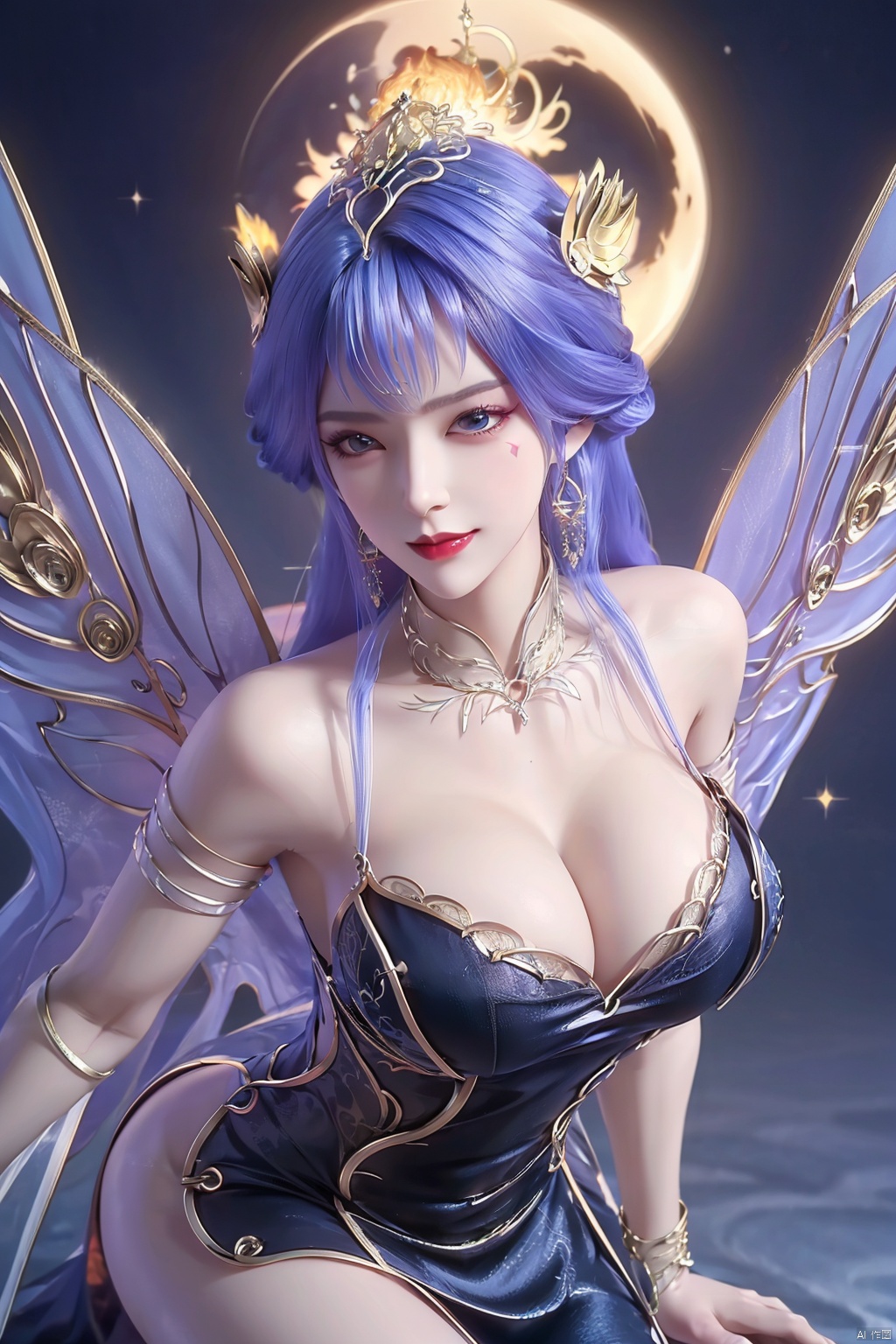  Unparalleled masterpiece, Sit tall, Wonderland,a girl, (sky blue hair), (crystal, 1.4), (shoulders, crystal wings), (forehead, flame tattoo, 1.4), nude, (round collar, jewelry, sapphire, light), high quality, Masterpiece, ((round hips, legs), graceful curves), (((huge breasts, ))) (puffy nipples), Cleavage, sexy heels, surreal 8k CG, ((shy)), perfect artwork, perfect female figure, (mature female), milk, small waist, Chinese mythology, ((seductive pose, sexy pose)), clean, beautiful face, pure face, pale skin, long hair, ((huge breasts)), nsfw, prominent breasts, full nipples, delicate skin, delicate patterns, intricate details, (rich:1.4), Jewelry, precious stones, gold, silver, diamonds, glitter, sapphire, (seductive smile)), blue eyes, red lipstick, Curves, Round big hips, ruby, emerald, pearl, amber, obsidian, (Masterpiece:1.4), (Best quality :1.4), Shiny skin, lexaiduer, bracelet, (sexy lace), breasts, cleavage, sleeveless, solo, Moon, fishnet, jewelry, solo, (Forehead mark:1.4), Face Mark, Earrings, Hair bag, Necklace, Hair accessory, ((separate the five fingers)), ((fingers graceful curve)), (( right hand graceful curve)), (legs graceful curve, long legs), ((straighten the fingers)), ((palms graceful curve)),(((fluffy set super huge wings))), (((grab breast))), ((left fingers include thumb, index finger, middle finger, ring finger and little finger)), (hand grip chest), (smooth arms, perfect curves), ((perfect calfs)), ((perfect foot)),((clench the fingers on the chest)),qy-hd, ((separate the five fingers)), ((fingers graceful curve)), (( right hand graceful curve)), (legs graceful curve, long legs), ((straighten the fingers)), ((palms graceful curvy)),(((fluffy set super huge wings))), (((grab breast))),(focusing face:1.7), ((Perfect body proportions)), ((pure aureate silk shoulder-length dress:1.4))