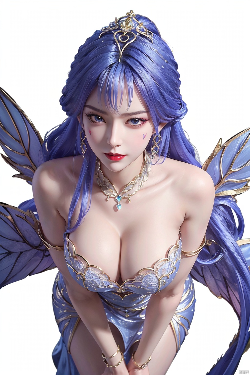 Unparalleled masterpiece, Sit tall, Wonderland,a girl, (sky blue hair), (crystal, 1.4), (shoulders, crystal wings), (forehead, flame tattoo, 1.4), nude, (round collar, jewelry, sapphire, light), high quality, Masterpiece, ((round hips, legs), graceful curves), (((huge breasts, ))) (puffy nipples), Cleavage, sexy heels, surreal 8k CG, ((shy)), perfect artwork, perfect female figure, (mature female), milk, small waist, Chinese mythology, ((seductive pose, sexy pose)), clean, beautiful face, pure face, pale skin, long hair, ((huge breasts)), nsfw, prominent breasts, full nipples, delicate skin, delicate patterns, intricate details, (rich:1.4), Jewelry, precious stones, gold, silver, diamonds, glitter, sapphire, (seductive smile)), blue eyes, red lipstick, Curves, Round big hips, ruby, emerald, pearl, amber, obsidian, (Masterpiece:1.4), (Best quality :1.4), Shiny skin, lexaiduer, bracelet, (sexy lace), breasts, cleavage, sleeveless, solo, Moon, fishnet, jewelry, solo, (Forehead mark:1.4), Face Mark, Earrings, Hair bag, Necklace, Hair accessory, ((separate the five fingers)), ((fingers graceful curve)), (( right hand graceful curve)), (legs graceful curve, long legs), ((straighten the fingers)), ((palms graceful curve)),(((fluffy set super huge wings))), (((grab breast))), ((left fingers include thumb, index finger, middle finger, ring finger and little finger)), (hand grip chest), (smooth arms, perfect curves), ((perfect calfs)), ((perfect foot)),((clench the fingers on the chest)),qy-hd, ((separate the five fingers)), ((fingers graceful curve)), (( right hand graceful curve)), (legs graceful curve, long legs), ((straighten the fingers)), ((palms graceful curvy)),(((fluffy set super huge wings))), (((grab breast))),(focusing face:1.7), ((Perfect body proportions)), ((pure aureate silk shoulder-length dress:1.4))