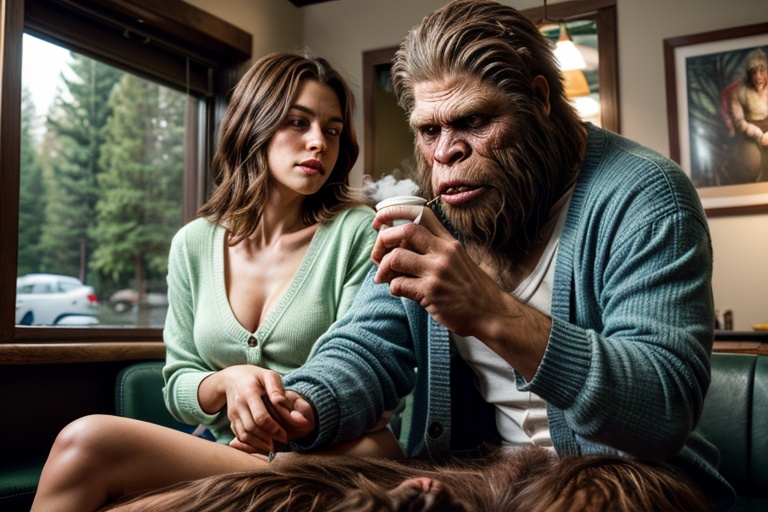 Sasquatch,  wearing a cardigan,  is sitting inside a busy cafe on Tensor.Art