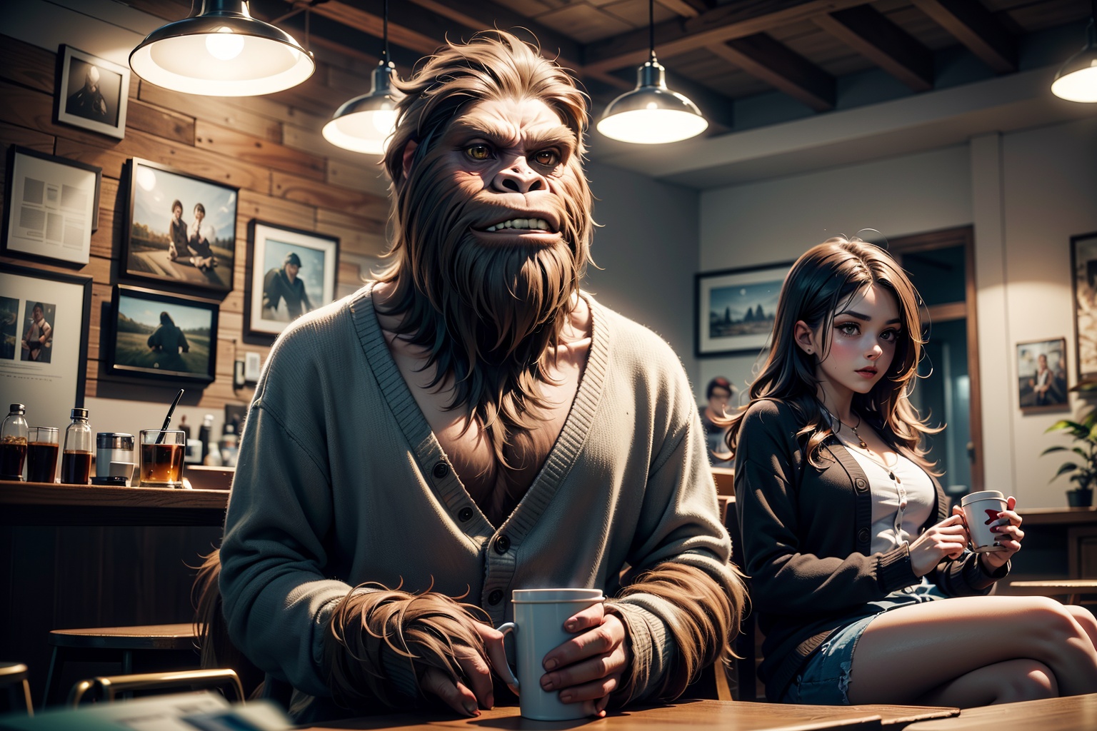 (((masterpiece))),  (((Sasquatch))) is wearing a cardigan sweater,  detailed fur on Tensor.Art