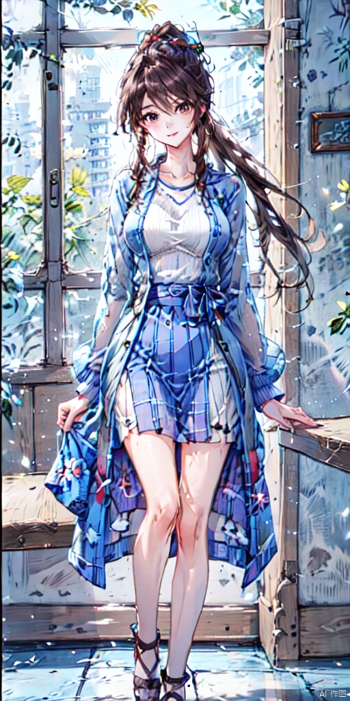  blurry, blurry background, 1girl, solo, Beautiful Girl, high ponytail, long hair, standing,long legs ,brown sweater, sweater,knit sweater, black dress, pleated dress, cafeteria, restaurant, yeqinxian,brown hair, lactation