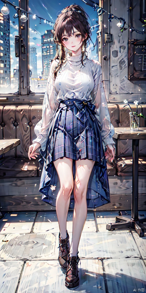  blurry, blurry background, 1girl, solo, Beautiful Girl, high ponytail, long hair, standing,long legs ,brown sweater, sweater,knit sweater, black dress, pleated dress, cafeteria, restaurant, yeqinxian,brown hair, lactation