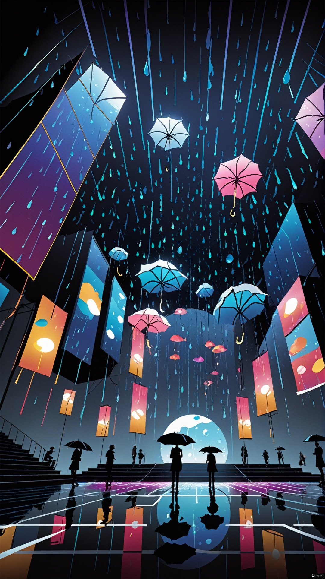 /jianying/, the rainy night stage presented from the perspective of digital illustration is full of modern digital effects. Lights digitally project unique patterns on the stage, and rainwater creates digitalized light and shadow effects under the lights. The whole digital illustration reveals the marvelous beauty of combining stage art and digital technology!