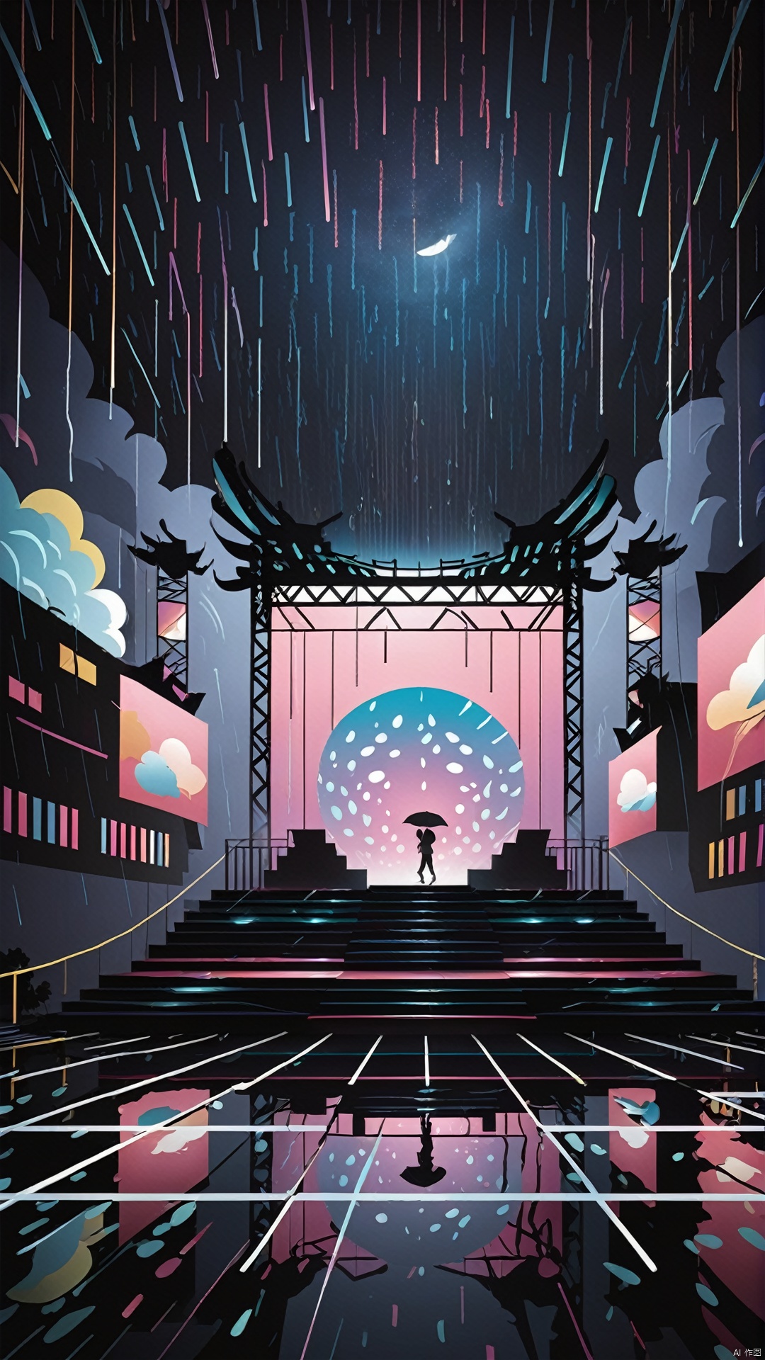 /jianying/, the rainy night stage presented from the perspective of digital illustration is full of modern digital effects. Lights digitally project unique patterns on the stage, and rainwater creates digitalized light and shadow effects under the lights. The whole digital illustration reveals the marvelous beauty of combining stage art and digital technology!