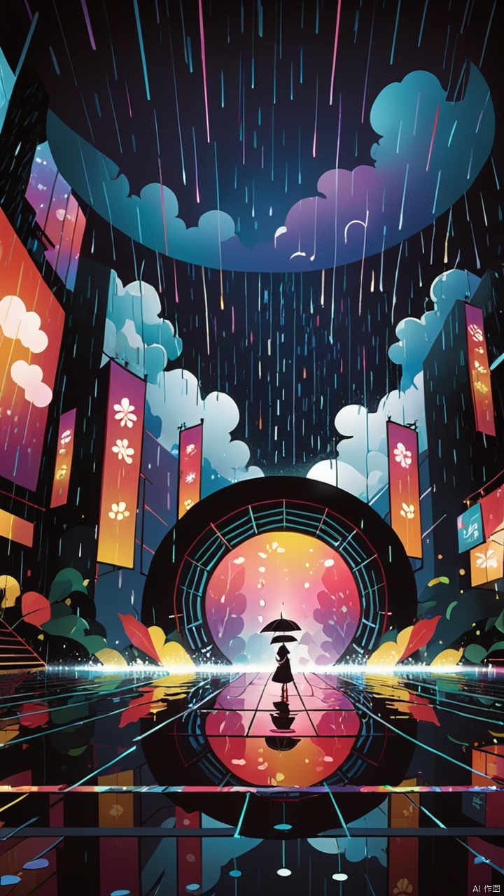 /jianying/, the rainy night stage presented from the perspective of digital illustration is full of modern digital effects. Lights digitally project unique patterns on the stage, and rainwater creates digitalized light and shadow effects under the lights. The whole digital illustration reveals the marvelous beauty of combining stage art and digital technology!
