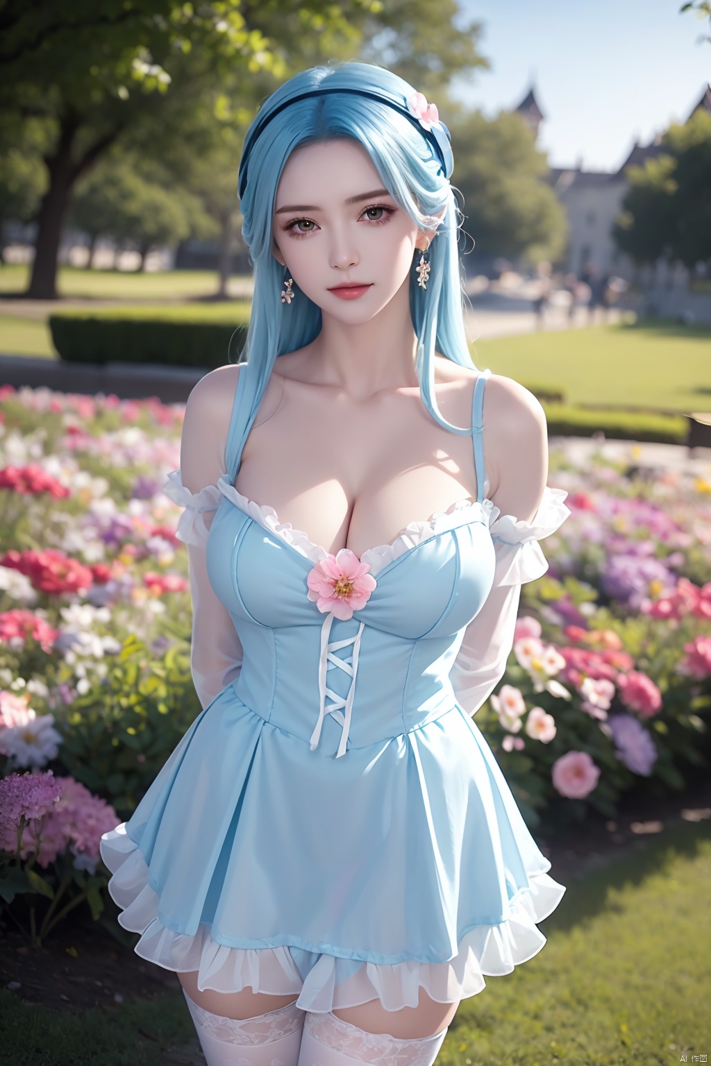 jiangli,  1girl,  breasts,  solo,  dress,  blue dress,  thighhighs,  jewelry,  cleavage,  large breasts,  blue hair,  long hair,  earrings,  outdoors,  looking at viewer,  flower,  arms behind back,  blurry background,  blurry,  hairband,  white thighhighs,  bare shoulders,  collarbone,  day,  cowboy shot,  elbow gloves,  blue hairband,  frills,  pink flower,<lora:EMS-267987-EMS:0.800000>