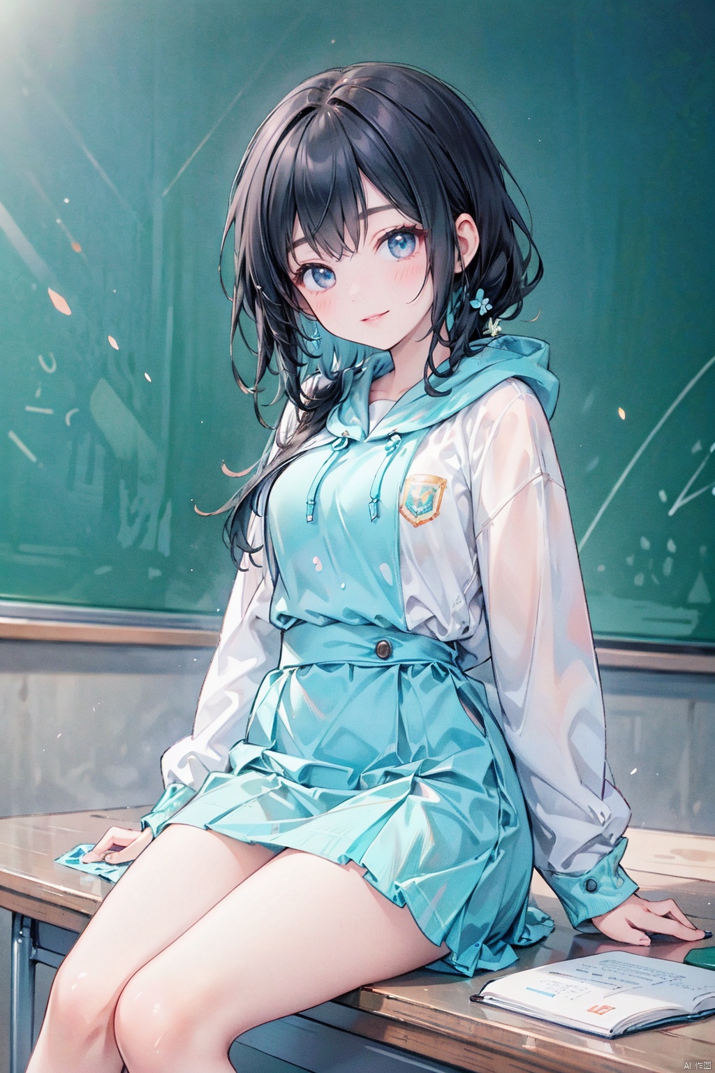  1 girl, Asian, long black hair, fuzzy, fuzzy background, color difference, depth of field, blue and white school uniform, hoodie, lips, long sleeves, looking at the audience, photo (center) , real, sitting in the classroom, blackboard, desk, book, Smile, Solo, solo, 1girl,moyou