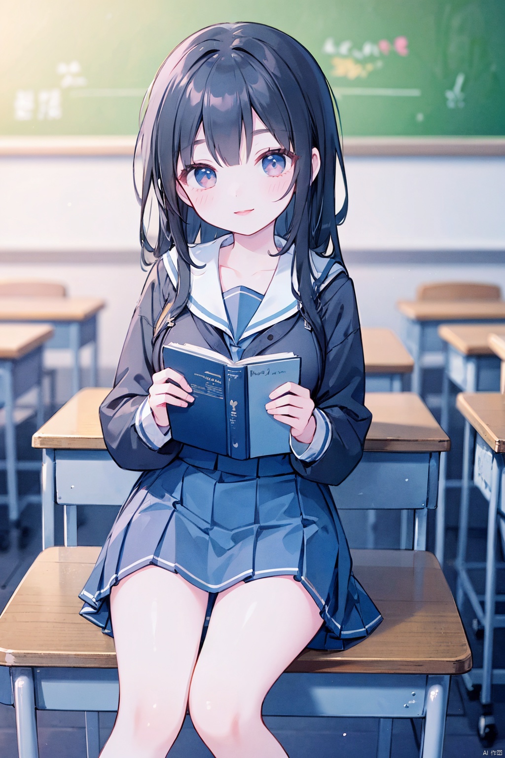  1 girl, Asian, long black hair, fuzzy, fuzzy background, color difference, depth of field, blue and white school uniform, hoodie, lips, long sleeves, looking at the audience, photo (center) , real, sitting in the classroom, blackboard, desk, book, Smile, Solo, solo, 1girl,moyou