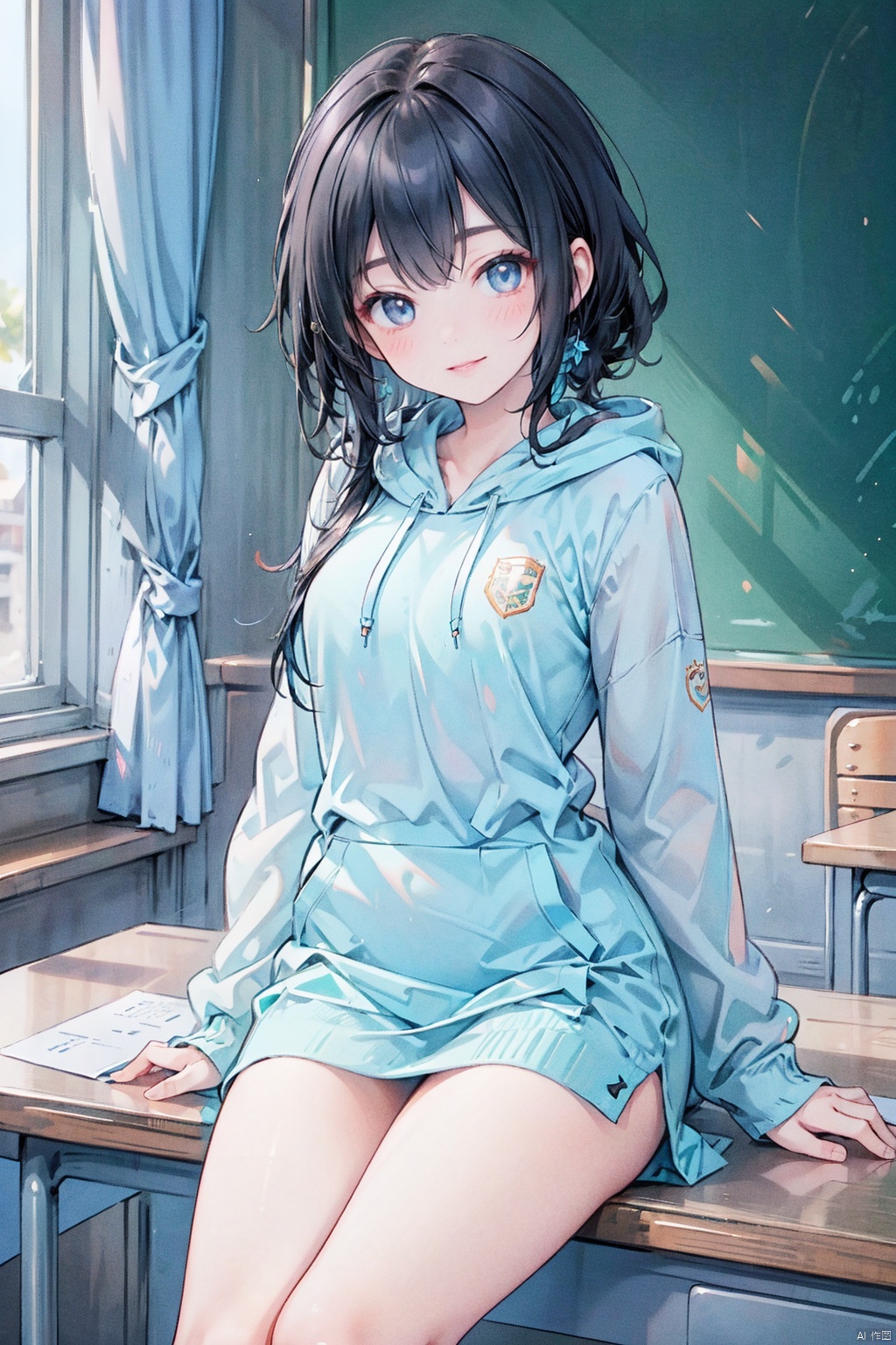  1 girl, Asian, long black hair, fuzzy, fuzzy background, color difference, depth of field, blue and white school uniform, hoodie, lips, long sleeves, looking at the audience, photo (center) , real, sitting in the classroom, blackboard, desk, book, Smile, Solo, solo, 1girl,moyou