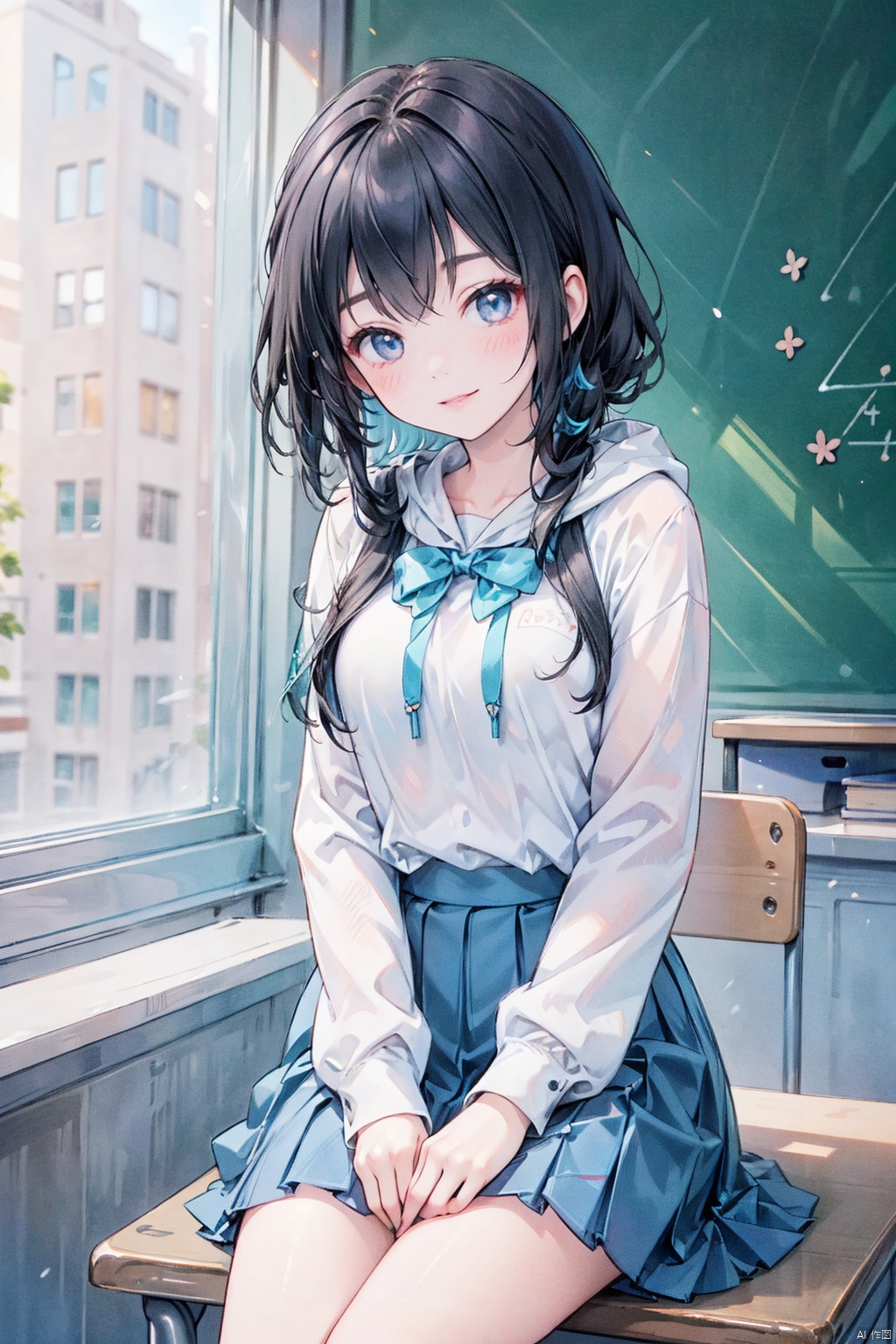  1 girl, Asian, long black hair, fuzzy, fuzzy background, color difference, depth of field, blue and white school uniform, hoodie, lips, long sleeves, looking at the audience, photo (center) , real, sitting in the classroom, blackboard, desk, book, Smile, Solo, solo, 1girl,moyou