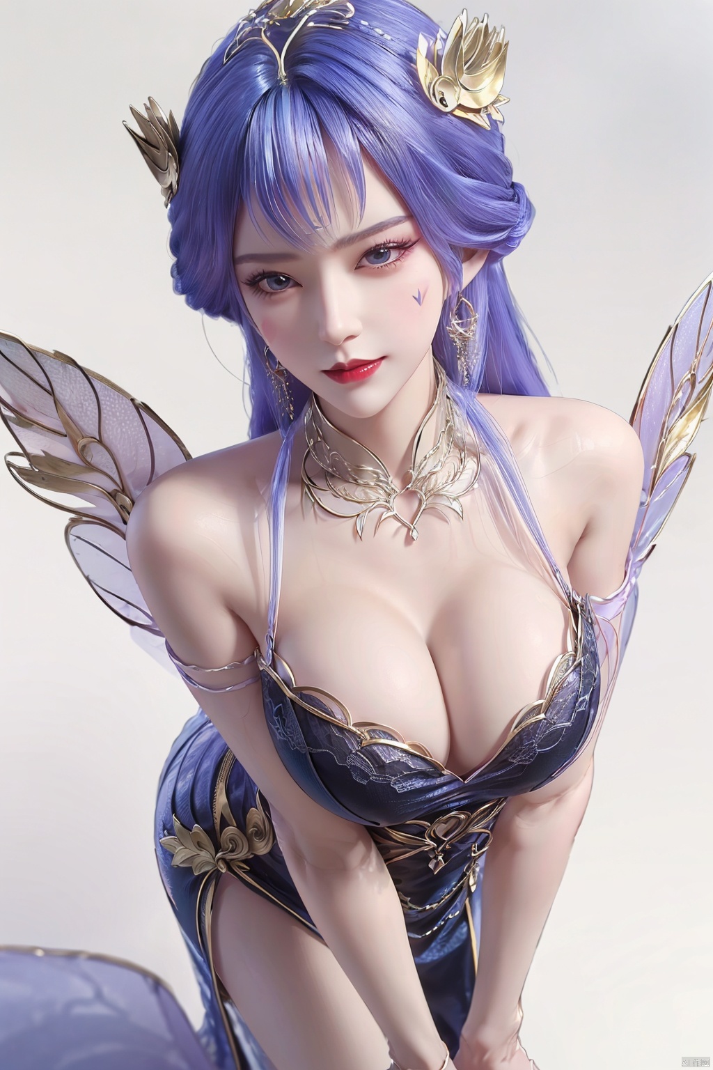  Unparalleled masterpiece, Sit tall, Wonderland,a girl, (sky blue hair), (crystal, 1.4), (shoulders, crystal wings), (forehead, flame tattoo, 1.4), nude, (round collar, jewelry, sapphire, light), high quality, Masterpiece, ((round hips, legs), graceful curves), (((huge breasts, ))) (puffy nipples), Cleavage, sexy heels, surreal 8k CG, ((shy)), perfect artwork, perfect female figure, (mature female), milk, small waist, Chinese mythology, ((seductive pose, sexy pose)), clean, beautiful face, pure face, pale skin, long hair, ((huge breasts)), nsfw, prominent breasts, full nipples, delicate skin, delicate patterns, intricate details, (rich:1.4), Jewelry, precious stones, gold, silver, diamonds, glitter, sapphire, (seductive smile)), blue eyes, red lipstick, Curves, Round big hips, ruby, emerald, pearl, amber, obsidian, (Masterpiece:1.4), (Best quality :1.4), Shiny skin, lexaiduer, bracelet, (sexy lace), breasts, cleavage, sleeveless, solo, Moon, fishnet, jewelry, solo, (Forehead mark:1.4), Face Mark, Earrings, Hair bag, Necklace, Hair accessory, ((separate the five fingers)), ((fingers graceful curve)), (( right hand graceful curve)), (legs graceful curve, long legs), ((straighten the fingers)), ((palms graceful curve)),(((fluffy set super huge wings))), (((grab breast))), ((left fingers include thumb, index finger, middle finger, ring finger and little finger)), (hand grip chest), (smooth arms, perfect curves), ((perfect calfs)), ((perfect foot)),((clench the fingers on the chest)),qy-hd, ((separate the five fingers)), ((fingers graceful curve)), (( right hand graceful curve)), (legs graceful curve, long legs), ((straighten the fingers)), ((palms graceful curvy)),(((fluffy set super huge wings))), (((grab breast))),(focusing face:1.7), ((Perfect body proportions)), ((pure aureate silk shoulder-length dress:1.4))