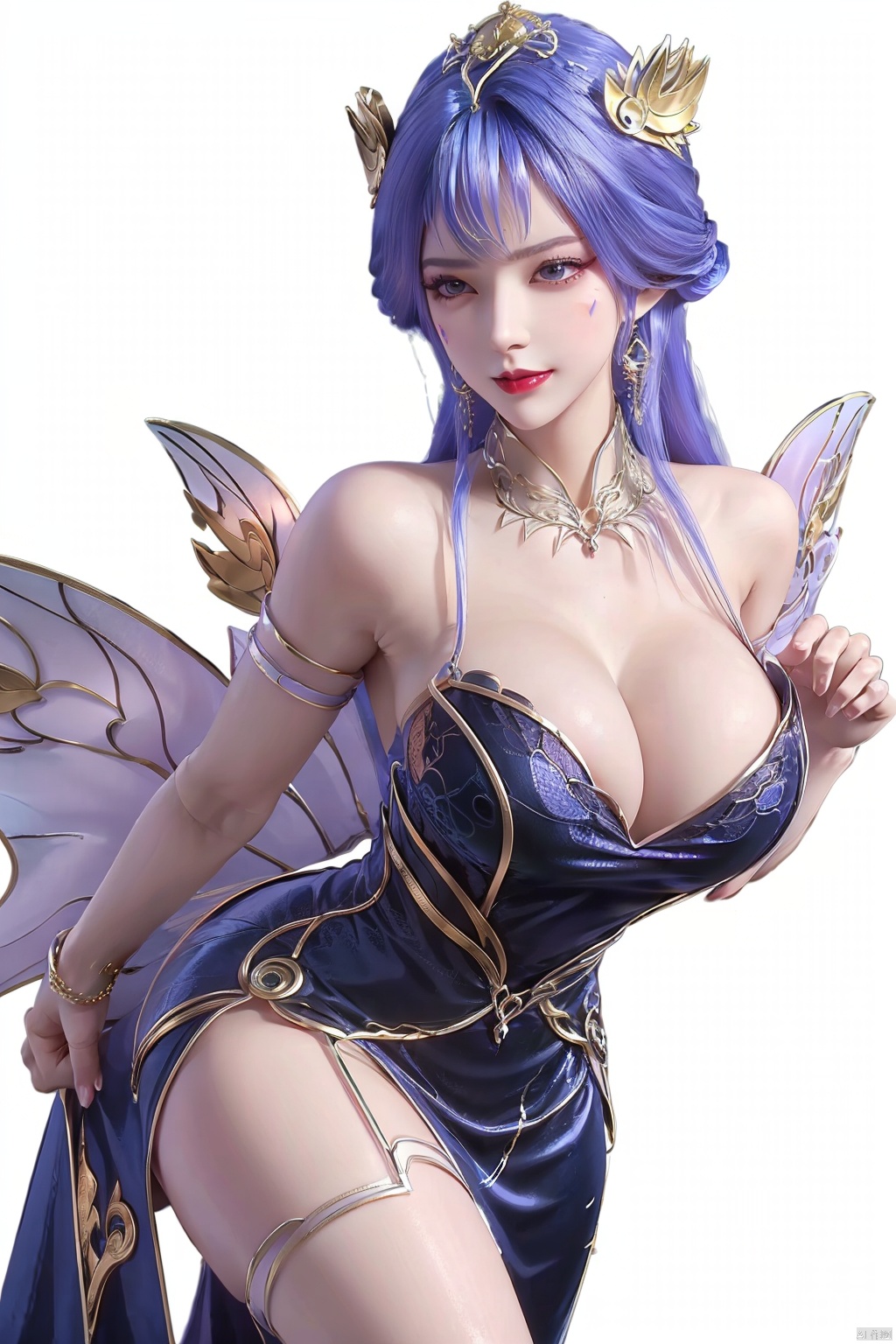  Unparalleled masterpiece, Sit tall, Wonderland,a girl, (sky blue hair), (crystal, 1.4), (shoulders, crystal wings), (forehead, flame tattoo, 1.4), nude, (round collar, jewelry, sapphire, light), high quality, Masterpiece, ((round hips, legs), graceful curves), (((huge breasts, ))) (puffy nipples), Cleavage, sexy heels, surreal 8k CG, ((shy)), perfect artwork, perfect female figure, (mature female), milk, small waist, Chinese mythology, ((seductive pose, sexy pose)), clean, beautiful face, pure face, pale skin, long hair, ((huge breasts)), nsfw, prominent breasts, full nipples, delicate skin, delicate patterns, intricate details, (rich:1.4), Jewelry, precious stones, gold, silver, diamonds, glitter, sapphire, (seductive smile)), blue eyes, red lipstick, Curves, Round big hips, ruby, emerald, pearl, amber, obsidian, (Masterpiece:1.4), (Best quality :1.4), Shiny skin, lexaiduer, bracelet, (sexy lace), breasts, cleavage, sleeveless, solo, Moon, fishnet, jewelry, solo, (Forehead mark:1.4), Face Mark, Earrings, Hair bag, Necklace, Hair accessory, ((separate the five fingers)), ((fingers graceful curve)), (( right hand graceful curve)), (legs graceful curve, long legs), ((straighten the fingers)), ((palms graceful curve)),(((fluffy set super huge wings))), (((grab breast))), ((left fingers include thumb, index finger, middle finger, ring finger and little finger)), (hand grip chest), (smooth arms, perfect curves), ((perfect calfs)), ((perfect foot)),((clench the fingers on the chest)),qy-hd, ((separate the five fingers)), ((fingers graceful curve)), (( right hand graceful curve)), (legs graceful curve, long legs), ((straighten the fingers)), ((palms graceful curvy)),(((fluffy set super huge wings))), (((grab breast))),(focusing face:1.7), ((Perfect body proportions)), ((pure aureate silk shoulder-length dress:1.4))