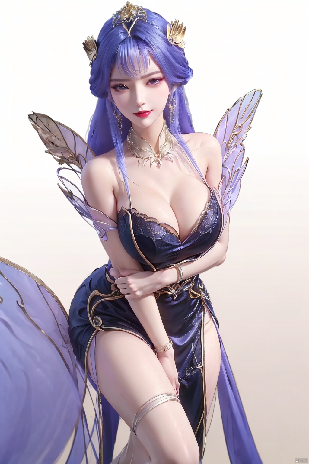  Unparalleled masterpiece, Sit tall, Wonderland,a girl, (sky blue hair), (crystal, 1.4), (shoulders, crystal wings), (forehead, flame tattoo, 1.4), nude, (round collar, jewelry, sapphire, light), high quality, Masterpiece, ((round hips, legs), graceful curves), (((huge breasts, ))) (puffy nipples), Cleavage, sexy heels, surreal 8k CG, ((shy)), perfect artwork, perfect female figure, (mature female), milk, small waist, Chinese mythology, ((seductive pose, sexy pose)), clean, beautiful face, pure face, pale skin, long hair, ((huge breasts)), nsfw, prominent breasts, full nipples, delicate skin, delicate patterns, intricate details, (rich:1.4), Jewelry, precious stones, gold, silver, diamonds, glitter, sapphire, (seductive smile)), blue eyes, red lipstick, Curves, Round big hips, ruby, emerald, pearl, amber, obsidian, (Masterpiece:1.4), (Best quality :1.4), Shiny skin, lexaiduer, bracelet, (sexy lace), breasts, cleavage, sleeveless, solo, Moon, fishnet, jewelry, solo, (Forehead mark:1.4), Face Mark, Earrings, Hair bag, Necklace, Hair accessory, ((separate the five fingers)), ((fingers graceful curve)), (( right hand graceful curve)), (legs graceful curve, long legs), ((straighten the fingers)), ((palms graceful curve)),(((fluffy set super huge wings))), (((grab breast))), ((left fingers include thumb, index finger, middle finger, ring finger and little finger)), (hand grip chest), (smooth arms, perfect curves), ((perfect calfs)), ((perfect foot)),((clench the fingers on the chest)),qy-hd, ((separate the five fingers)), ((fingers graceful curve)), (( right hand graceful curve)), (legs graceful curve, long legs), ((straighten the fingers)), ((palms graceful curvy)),(((fluffy set super huge wings))), (((grab breast))),(focusing face:1.7), ((Perfect body proportions)), ((pure aureate silk shoulder-length dress:1.4))
