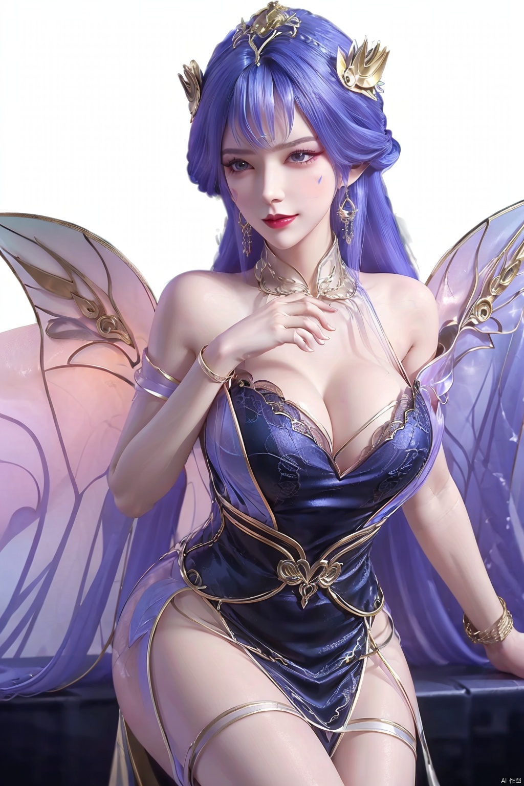  Unparalleled masterpiece, Sit tall, Wonderland,a girl, (sky blue hair), (crystal, 1.4), (shoulders, crystal wings), (forehead, flame tattoo, 1.4), nude, (round collar, jewelry, sapphire, light), high quality, Masterpiece, ((round hips, legs), graceful curves), (((huge breasts, ))) (puffy nipples), Cleavage, sexy heels, surreal 8k CG, ((shy)), perfect artwork, perfect female figure, (mature female), milk, small waist, Chinese mythology, ((seductive pose, sexy pose)), clean, beautiful face, pure face, pale skin, long hair, ((huge breasts)), nsfw, prominent breasts, full nipples, delicate skin, delicate patterns, intricate details, (rich:1.4), Jewelry, precious stones, gold, silver, diamonds, glitter, sapphire, (seductive smile)), blue eyes, red lipstick, Curves, Round big hips, ruby, emerald, pearl, amber, obsidian, (Masterpiece:1.4), (Best quality :1.4), Shiny skin, lexaiduer, bracelet, (sexy lace), breasts, cleavage, sleeveless, solo, Moon, fishnet, jewelry, solo, (Forehead mark:1.4), Face Mark, Earrings, Hair bag, Necklace, Hair accessory, ((separate the five fingers)), ((fingers graceful curve)), (( right hand graceful curve)), (legs graceful curve, long legs), ((straighten the fingers)), ((palms graceful curve)),(((fluffy set super huge wings))), (((grab breast))), ((left fingers include thumb, index finger, middle finger, ring finger and little finger)), (hand grip chest), (smooth arms, perfect curves), ((perfect calfs)), ((perfect foot)),((clench the fingers on the chest)),qy-hd, ((separate the five fingers)), ((fingers graceful curve)), (( right hand graceful curve)), (legs graceful curve, long legs), ((straighten the fingers)), ((palms graceful curvy)),(((fluffy set super huge wings))), (((grab breast))),(focusing face:1.7), ((Perfect body proportions)), ((pure aureate silk shoulder-length dress:1.4))