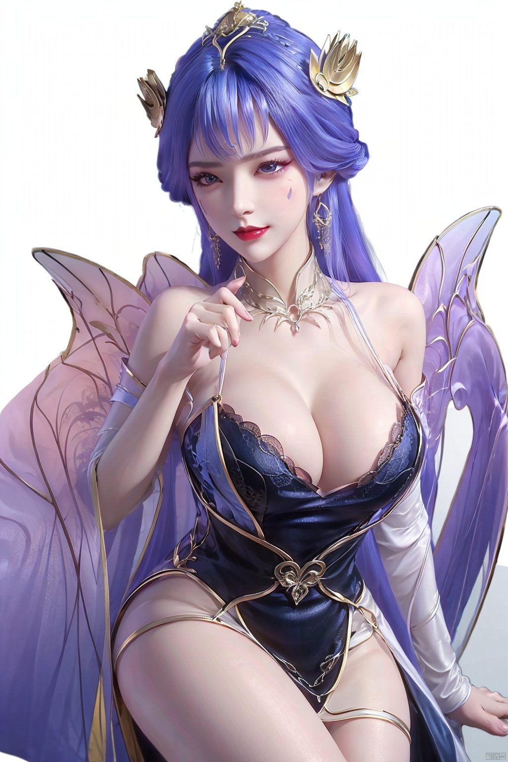  Unparalleled masterpiece, Sit tall, Wonderland,a girl, (sky blue hair), (crystal, 1.4), (shoulders, crystal wings), (forehead, flame tattoo, 1.4), nude, (round collar, jewelry, sapphire, light), high quality, Masterpiece, ((round hips, legs), graceful curves), (((huge breasts, ))) (puffy nipples), Cleavage, sexy heels, surreal 8k CG, ((shy)), perfect artwork, perfect female figure, (mature female), milk, small waist, Chinese mythology, ((seductive pose, sexy pose)), clean, beautiful face, pure face, pale skin, long hair, ((huge breasts)), nsfw, prominent breasts, full nipples, delicate skin, delicate patterns, intricate details, (rich:1.4), Jewelry, precious stones, gold, silver, diamonds, glitter, sapphire, (seductive smile)), blue eyes, red lipstick, Curves, Round big hips, ruby, emerald, pearl, amber, obsidian, (Masterpiece:1.4), (Best quality :1.4), Shiny skin, lexaiduer, bracelet, (sexy lace), breasts, cleavage, sleeveless, solo, Moon, fishnet, jewelry, solo, (Forehead mark:1.4), Face Mark, Earrings, Hair bag, Necklace, Hair accessory, ((separate the five fingers)), ((fingers graceful curve)), (( right hand graceful curve)), (legs graceful curve, long legs), ((straighten the fingers)), ((palms graceful curve)),(((fluffy set super huge wings))), (((grab breast))), ((left fingers include thumb, index finger, middle finger, ring finger and little finger)), (hand grip chest), (smooth arms, perfect curves), ((perfect calfs)), ((perfect foot)),((clench the fingers on the chest)),qy-hd, ((separate the five fingers)), ((fingers graceful curve)), (( right hand graceful curve)), (legs graceful curve, long legs), ((straighten the fingers)), ((palms graceful curvy)),(((fluffy set super huge wings))), (((grab breast))),(focusing face:1.7), ((Perfect body proportions)), ((pure aureate silk shoulder-length dress:1.4))