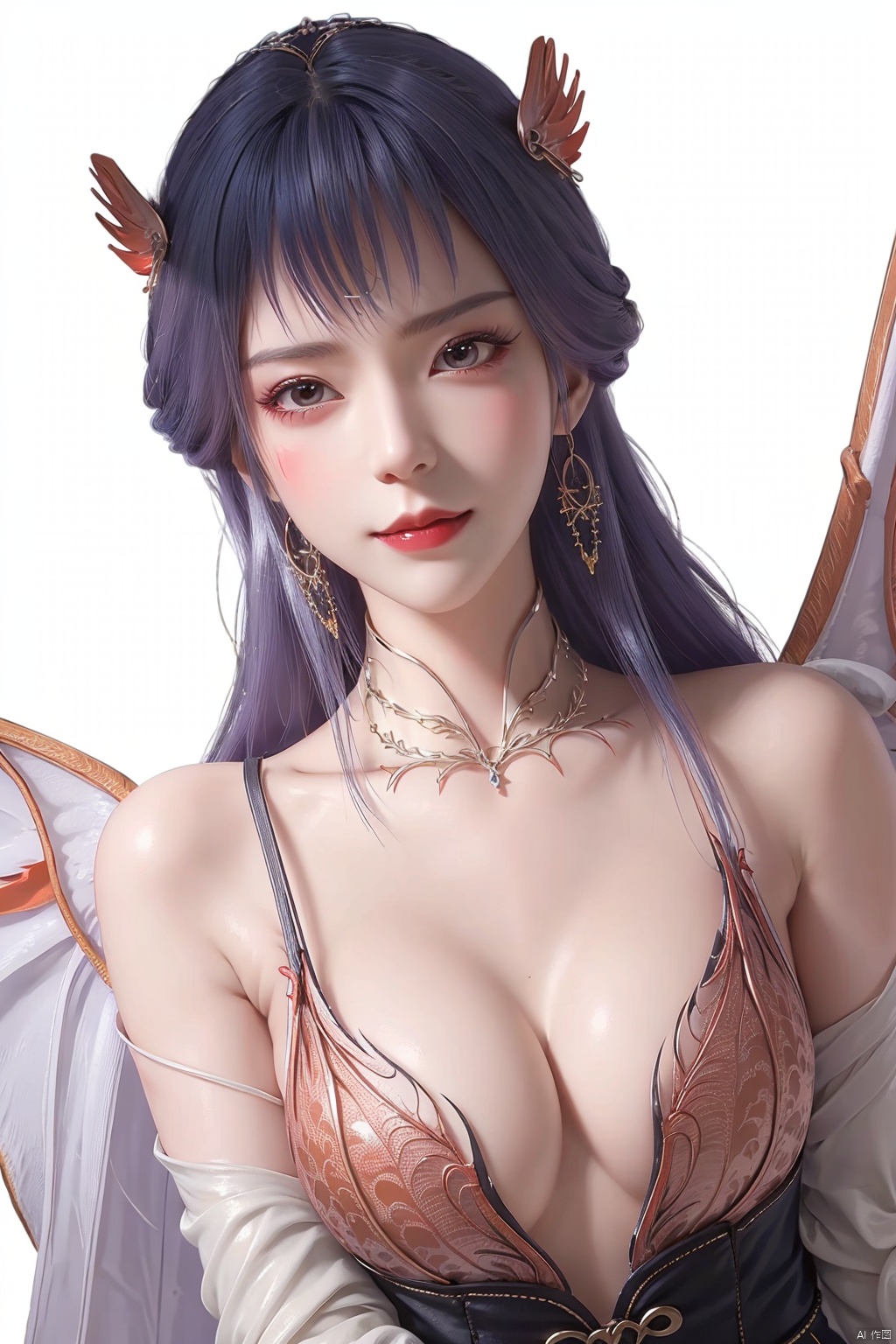  1 girl, solo, Red Moon, vampire, (angel wings:1.4), Super Detail, delicate skin, perfect face, charming smile, orgasm, panoramic view, wide Angle, from above