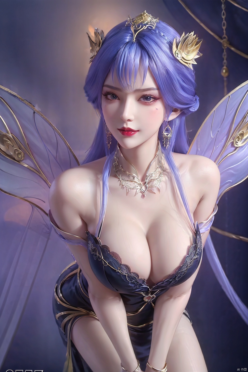  Unparalleled masterpiece, Sit tall, Wonderland,a girl, (sky blue hair), (crystal, 1.4), (shoulders, crystal wings), (forehead, flame tattoo, 1.4), nude, (round collar, jewelry, sapphire, light), high quality, Masterpiece, ((round hips, legs), graceful curves), (((huge breasts, ))) (puffy nipples), Cleavage, sexy heels, surreal 8k CG, ((shy)), perfect artwork, perfect female figure, (mature female), milk, small waist, Chinese mythology, ((seductive pose, sexy pose)), clean, beautiful face, pure face, pale skin, long hair, ((huge breasts)), nsfw, prominent breasts, full nipples, delicate skin, delicate patterns, intricate details, (rich:1.4), Jewelry, precious stones, gold, silver, diamonds, glitter, sapphire, (seductive smile)), blue eyes, red lipstick, Curves, Round big hips, ruby, emerald, pearl, amber, obsidian, (Masterpiece:1.4), (Best quality :1.4), Shiny skin, lexaiduer, bracelet, (sexy lace), breasts, cleavage, sleeveless, solo, Moon, fishnet, jewelry, solo, (Forehead mark:1.4), Face Mark, Earrings, Hair bag, Necklace, Hair accessory, ((separate the five fingers)), ((fingers graceful curve)), (( right hand graceful curve)), (legs graceful curve, long legs), ((straighten the fingers)), ((palms graceful curve)),(((fluffy set super huge wings))), (((grab breast))), ((left fingers include thumb, index finger, middle finger, ring finger and little finger)), (hand grip chest), (smooth arms, perfect curves), ((perfect calfs)), ((perfect foot)),((clench the fingers on the chest)),qy-hd, ((separate the five fingers)), ((fingers graceful curve)), (( right hand graceful curve)), (legs graceful curve, long legs), ((straighten the fingers)), ((palms graceful curvy)),(((fluffy set super huge wings))), (((grab breast))),(focusing face:1.7), ((Perfect body proportions)), ((pure aureate silk shoulder-length dress:1.4))
