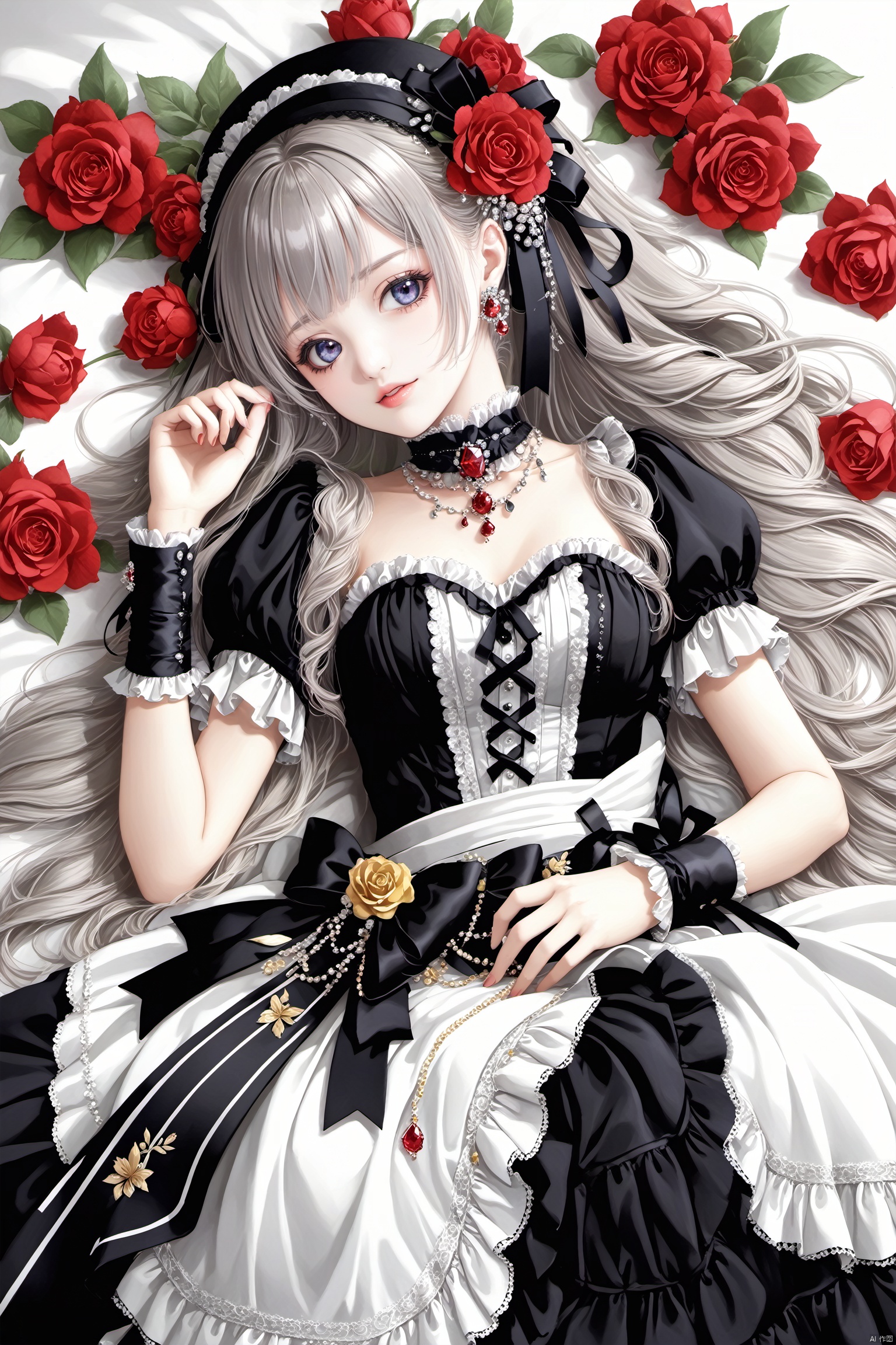  1girl,flowers, jewerly,laying_down,ASF, NVZ,lolita_fashion,syd,