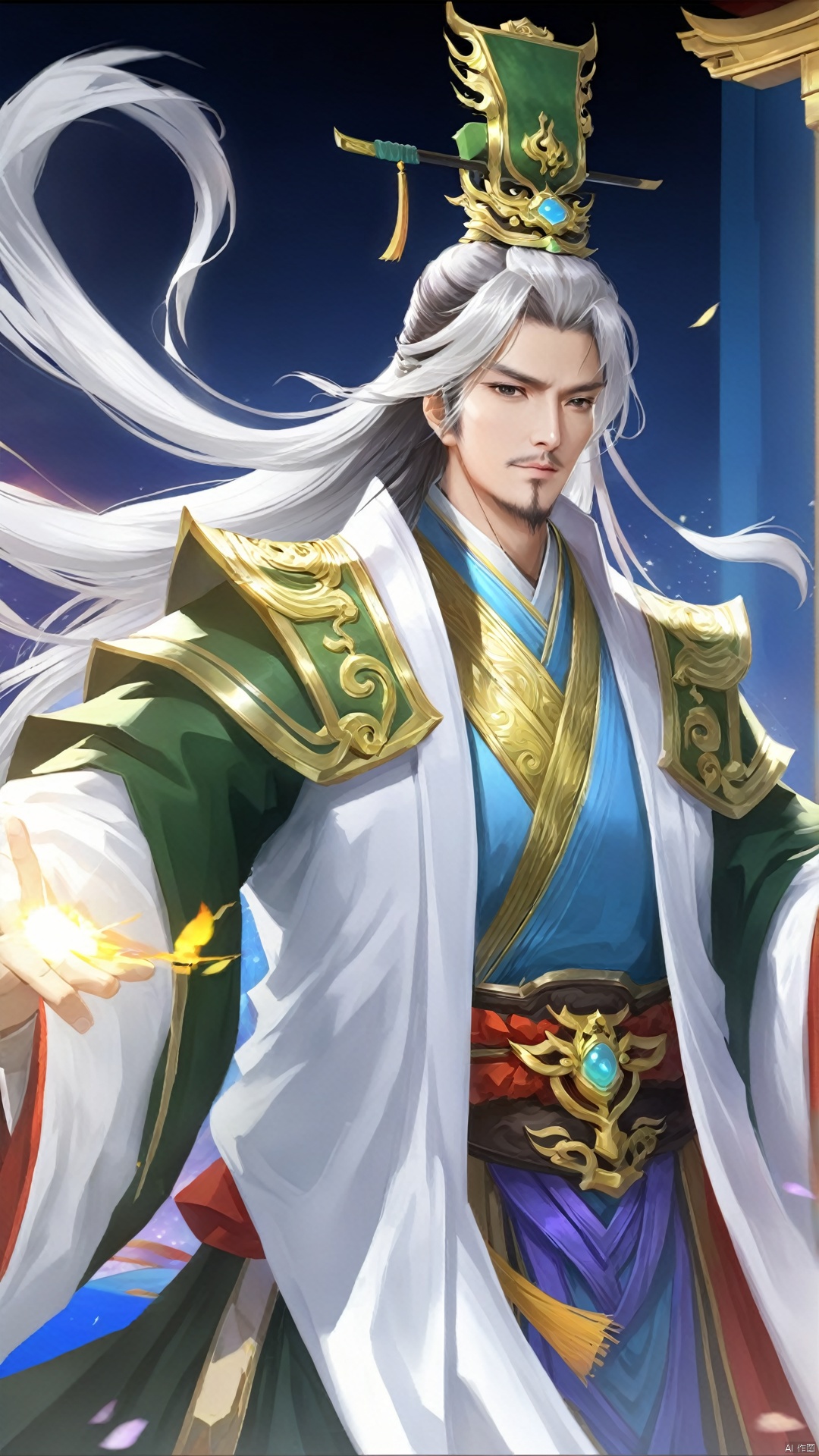 (Ancient military commander) game cg (surreal thick strokes: 1.5) (multi-angle view) Zhuge Liang's face is slender and shi...