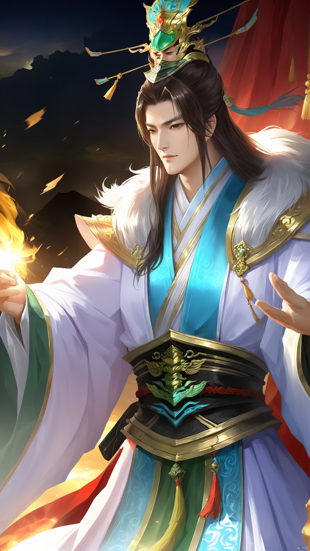 (Ancient military commander) game cg (surreal thick strokes: 1.5) (multi-angle view) Zhuge Liang's face is slender and shi...