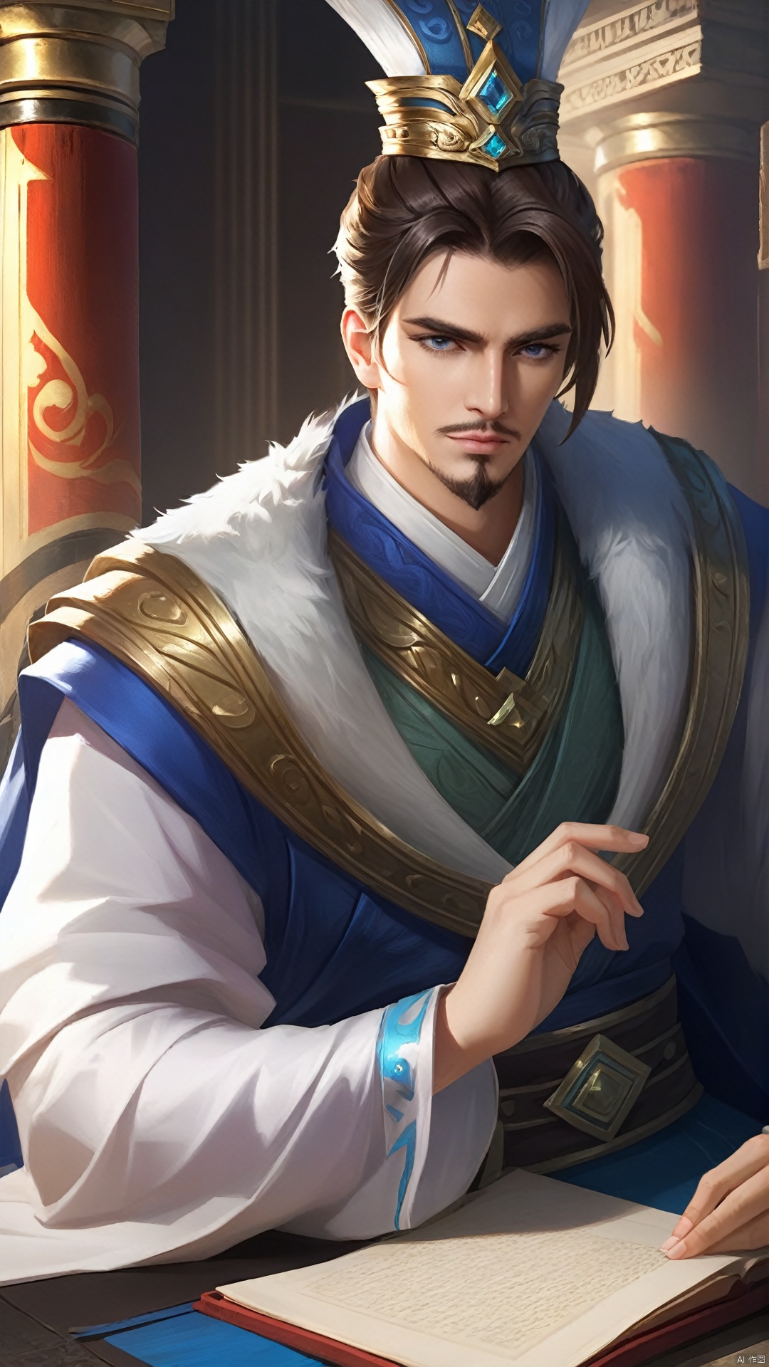 (Ancient military commander) Game CG (Surreal thick strokes: 1.5) (Multi-angle view) Close-up shot of a handsome scribe wi...