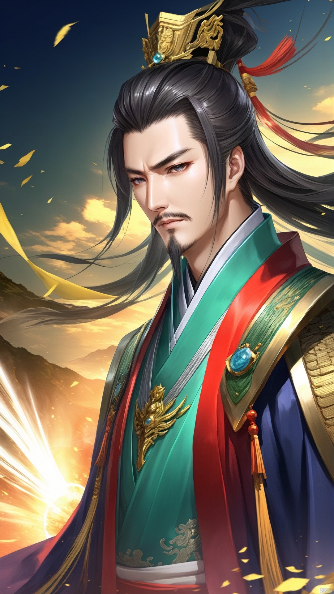 (Ancient military commander) game cg (surreal thick strokes: 1.5) (multi-angle view) Zhuge Liang's face is slender and shi...