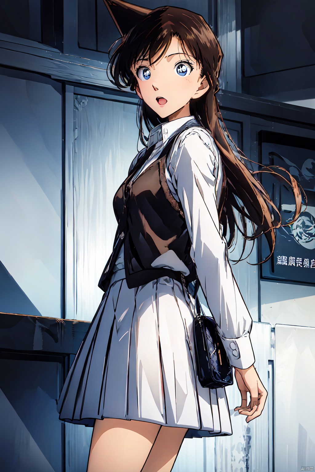  conan,1girl,solo,skirt,long hair,bag,blue eyes,brown hair,sweater vest,shirt,open mouth,pleated skirt,vest,long sleeves,looking at viewer,black hairsleeveless dress, bangs, formal, conan,HTTP,褰╄壊澶栧,澶栧, colors, backlight, Mouri Ran