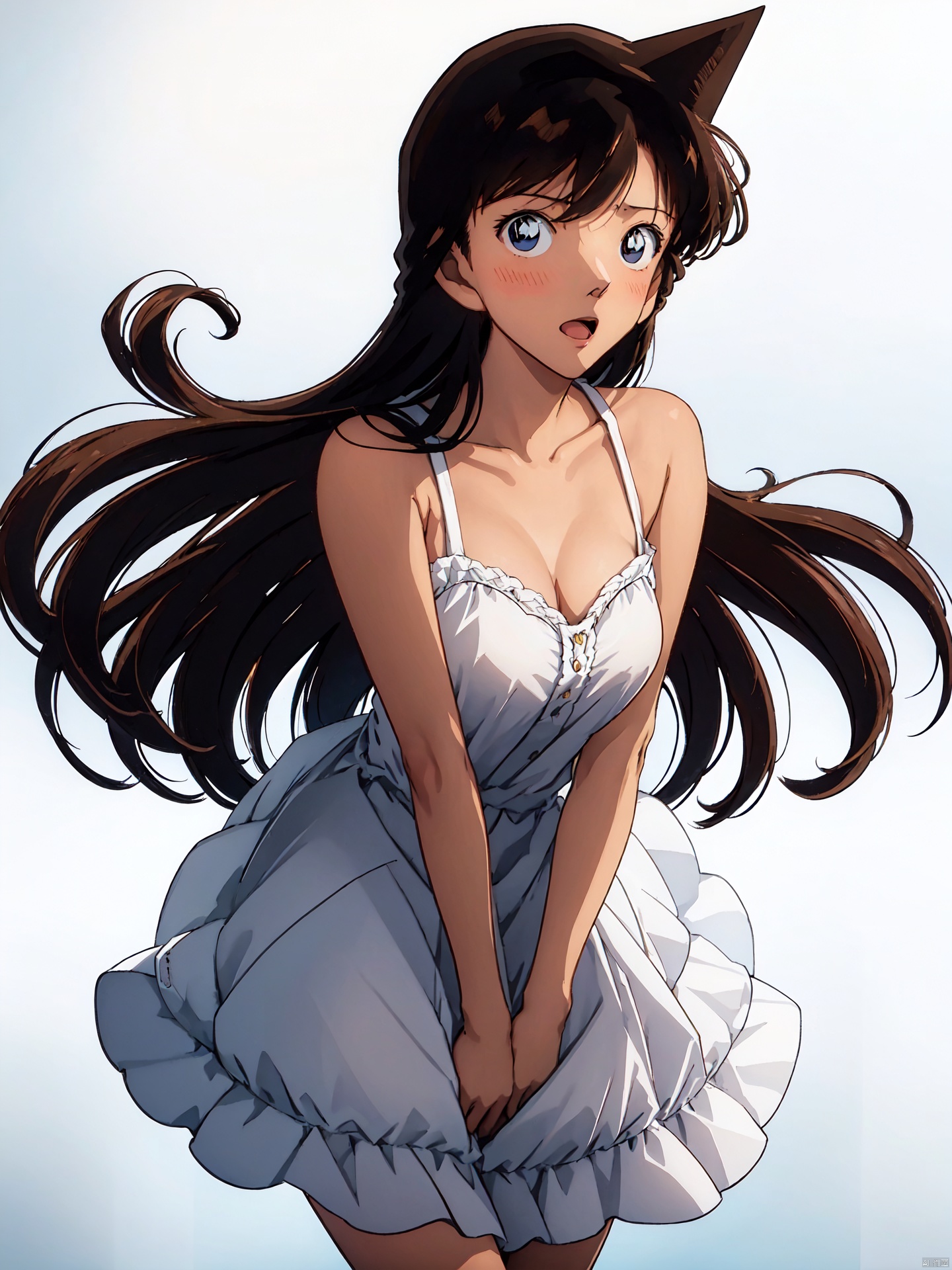  1girl,solo,long hair,white background,blue eyes,dress,blush,collarbone,black dress,sleeveless,simple background,sleeveless dress,cleavage,looking at viewer,open mouth,brown hair,breasts,standing,hair between eyes,very long hair,bangs,mediumbreasts, Mouri Ran