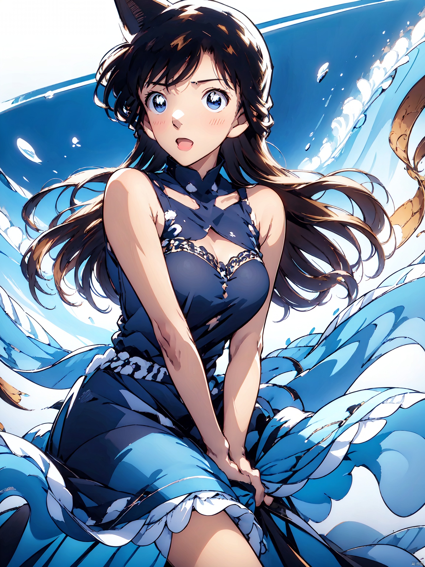  1girl,solo,long hair,white background,blue eyes,dress,blush,collarbone,black dress,sleeveless,simple background,sleeveless dress,cleavage,looking at viewer,open mouth,brown hair,breasts,standing,hair between eyes,very long hair,bangs,mediumbreasts, Mouri Ran