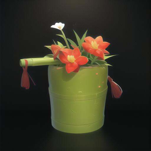 game icon ，{A masterpiece, an object}, a flower on a bamboo tube, a red hanging pot, a cobblestone, a game map, (master's work), a green leaf, an oriental element，black background