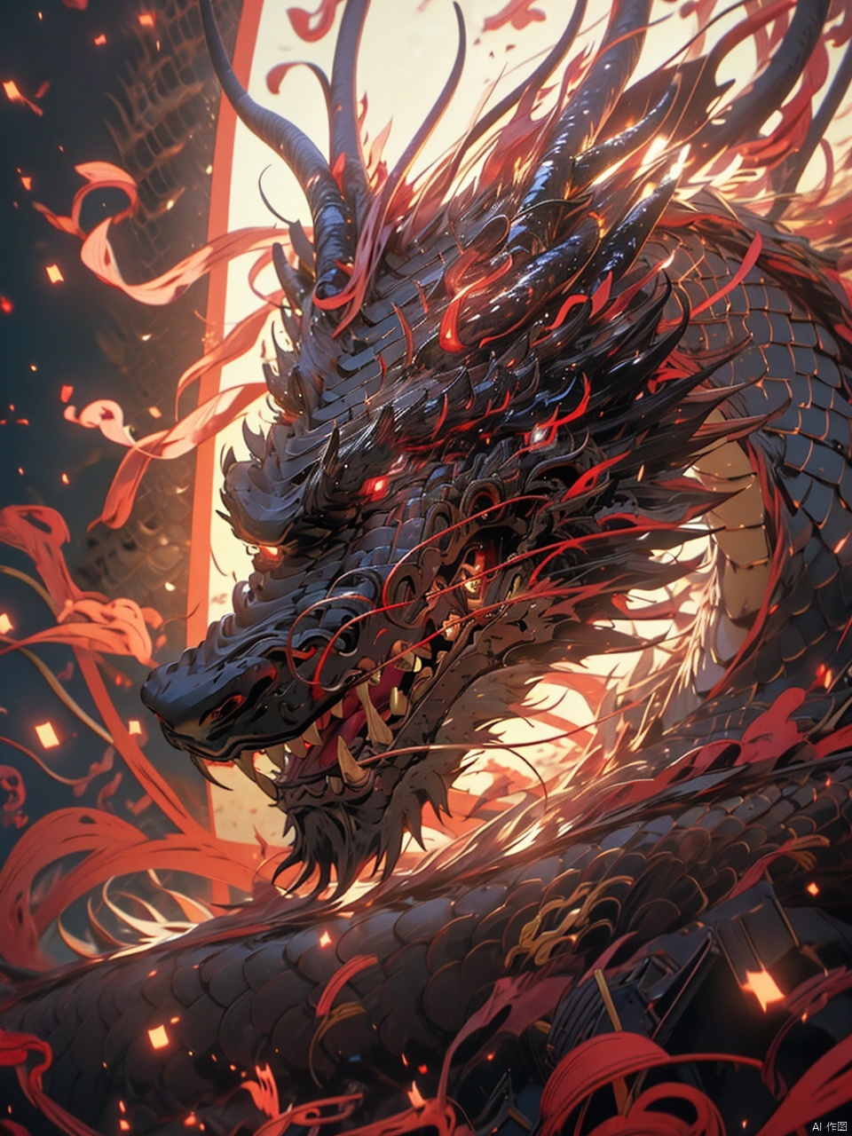 (\long yun heng tong\), eastern dragon, red eyes, glowing, glowing eyes, no humans, open mouth, horns, teeth, scales, fire