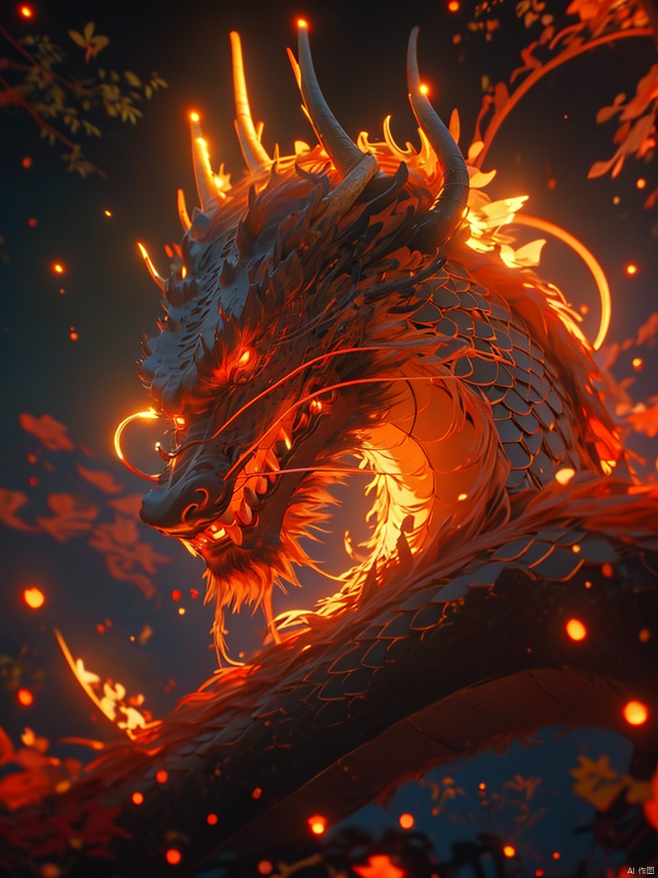 (\long yun heng tong\), eastern dragon, red eyes, glowing, glowing eyes, no humans, open mouth, horns, teeth, scales, fire, (\long yun heng tong\)