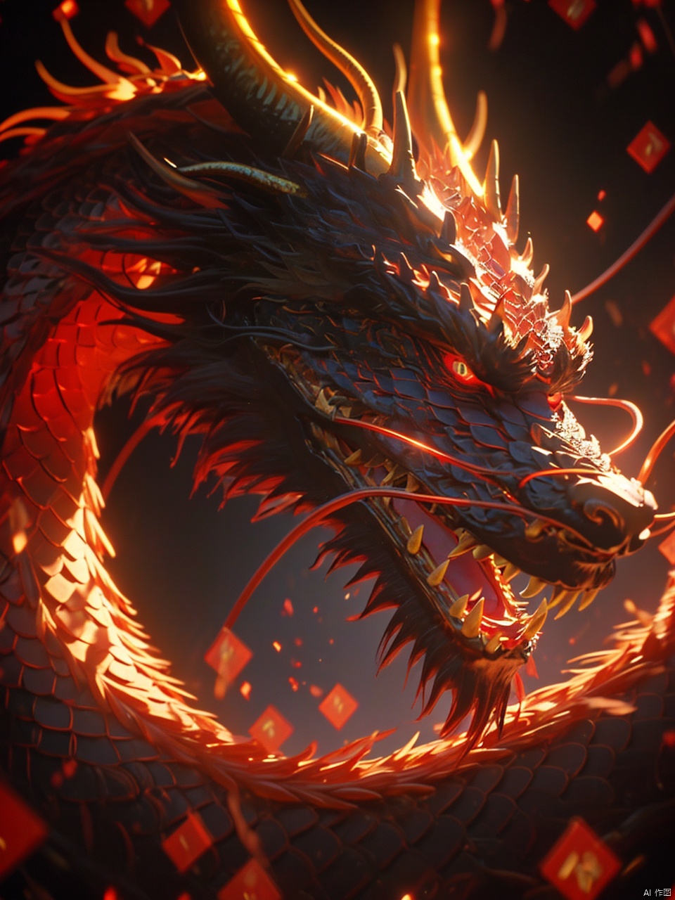 (\long yun heng tong\), eastern dragon, red eyes, glowing, glowing eyes, no humans, open mouth, horns, teeth, scales, fire