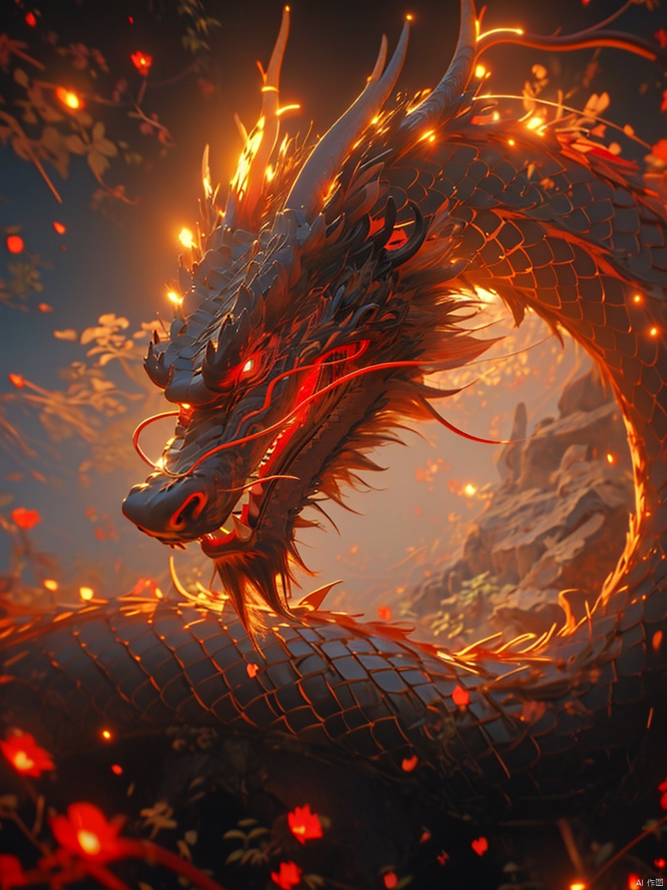  (\long yun heng tong\), eastern dragon, red eyes, glowing, glowing eyes, no humans, open mouth, horns, teeth, scales, fire, (\long yun heng tong\)