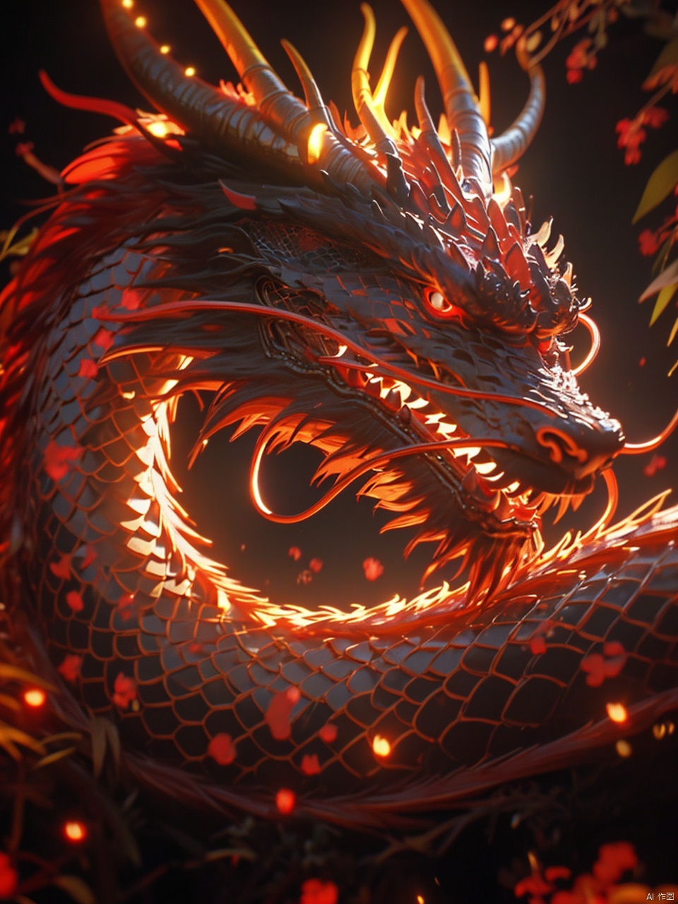 (\long yun heng tong\), eastern dragon, red eyes, glowing, glowing eyes, no humans, open mouth, horns, teeth, scales, fire