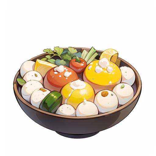 (masterpiece, top quality, best quality, official art, beautiful and aesthetic:1.2),(8k, best quality, masterpiece:1.2),(((white background,))),A bowl of balls, balls under the vegetables, the bowl has a lid, the bottom of the bowl has a plate, food, no humans, plate, bowl, food focus, vegetable, still life