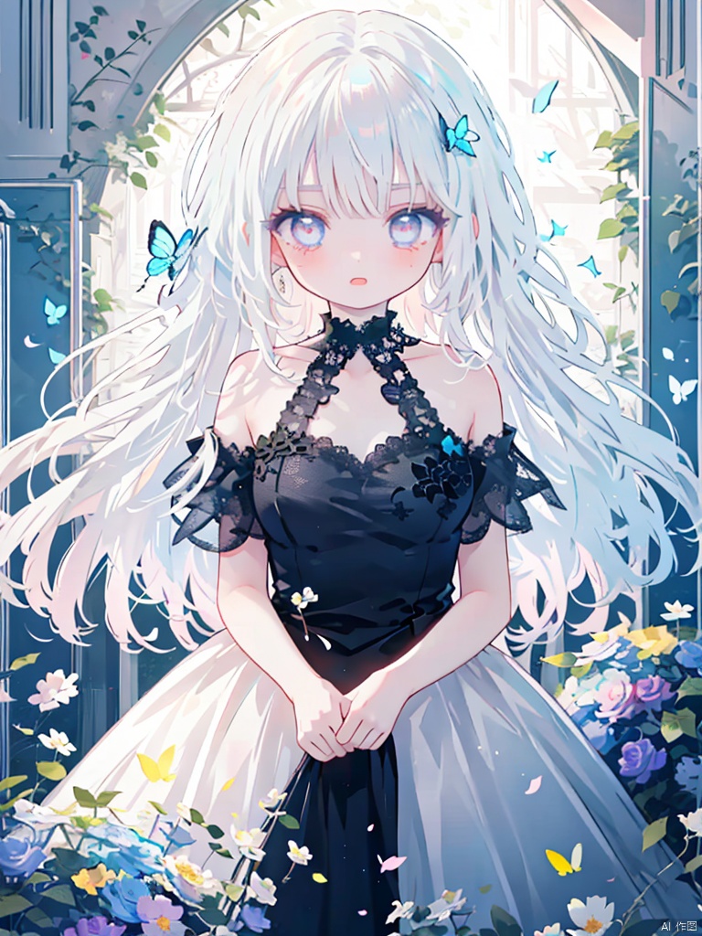  night,glowing eyes,gothic,long dress,
1 girl, solo, long white hair, blue eyes, detailed eyes, blink and youll miss it detail,butterfly, flower garden, high quality, floral background, very detailed,off shoulder