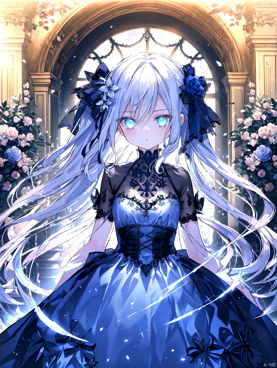  night,glowing eyes,gothic,long dress,hair ribbon,twinshair,courtyard
1 girl, solo, long white hair, blue eyes, detailed eyes, blink and youll miss it detail,flower garden, high quality, floral background, very detailed
