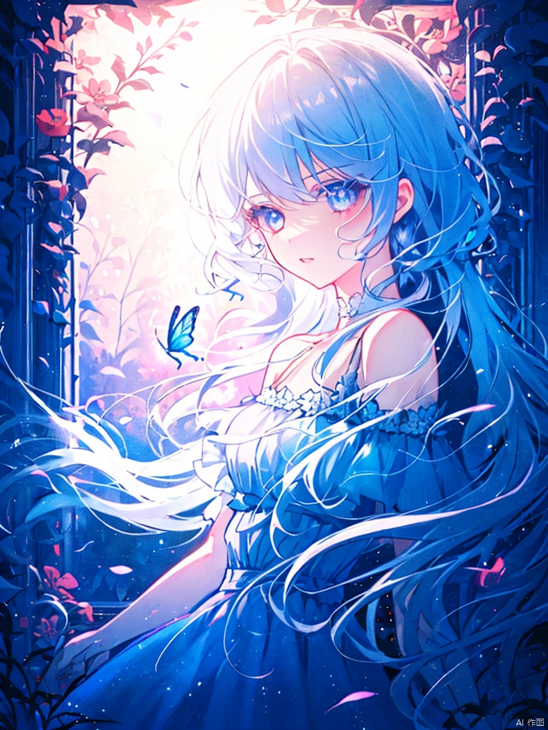  night,glowing eyes,gothic,long dress,
1 girl, solo, long white hair, blue eyes, detailed eyes, blink and youll miss it detail,butterfly, flower garden, high quality, floral background, very detailed,off shoulder